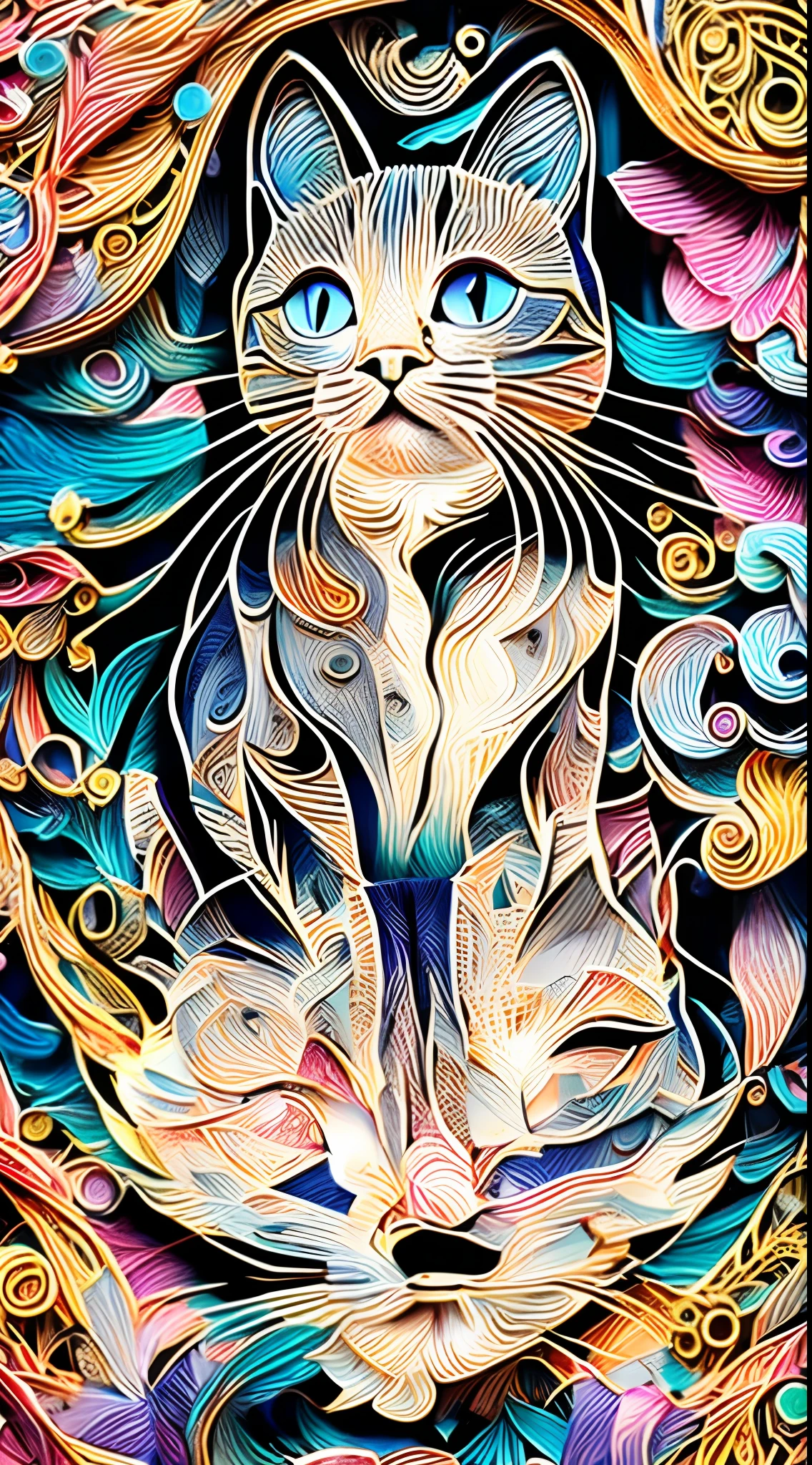 multi dimensional quilling paper,kitty，neonlight, 3D neon art, Hyper-realistic classical style, futuristic art style, cute kitty, Gothic and Chinese style ， Hyperrealistic, Renaissance fashion model, Baroque art surreal 8K, Beautiful digital artwork, Masterpiece art style, Stylish lenses, vivd colour, gorgeous digital art, stunning digital art