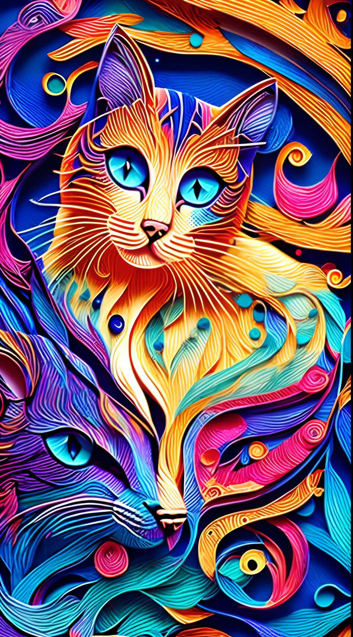 multi dimensional quilling paper,kitty,neonlight, 3D neon art, Hyper-realistic classical style, futuristic art style, cute kitty, Gothic and Chinese style , Hyperrealistic, Renaissance fashion model, Baroque art surreal 8K, Beautiful digital artwork, Masterpiece art style, Stylish lenses, vivd colour, gorgeous digital art, stunning digital art