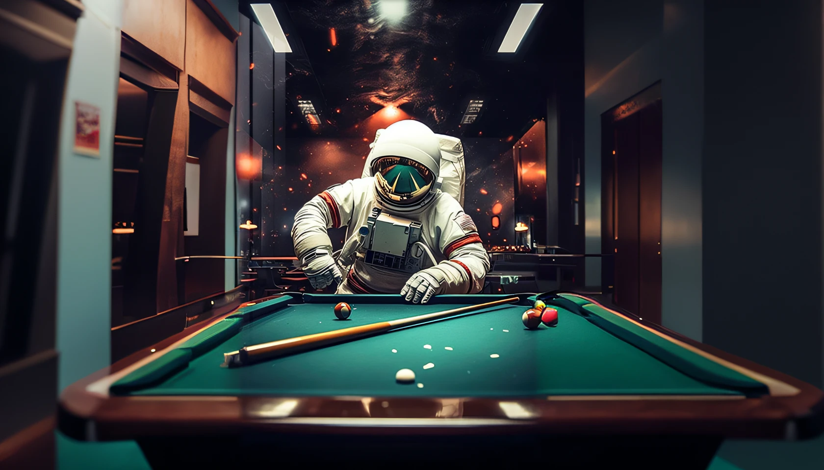 Arafeld astronauts in spacesuits play billiards with clubs on Mars, beeple style, Astronaut, beeple masterpiece, Inspired by Beeple, in the style of beeple, fully space suited, beeple!!, beeple artwork, beeple |, beeple daily art, beeple art, Realism | beeple