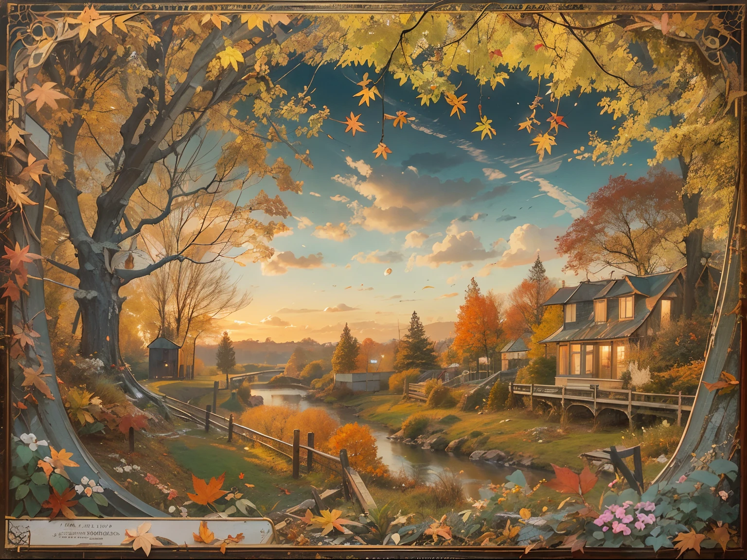 Create captivating depictions of autumn, autumnal，eventide，riverbank，Scenic beauty，A place where nature and technology live in harmony，Let this artwork transport the viewer to another world, Old and new are intertwined，Form a fascinating tapestry of nostalgia and innovation.