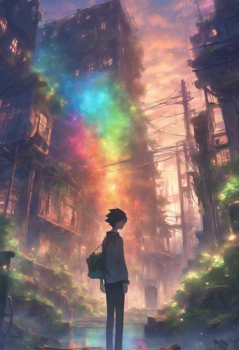 /Imagine Prompt: Slender young man standing in ruins, Steampunk attire、Looks calm and calm, Surrounded by broken buildings and plants, Exudes a sense of devastation,Buildings and roads eroded by plants ,32K, Best Quality, masutepiece, Super Detail, high details, by makoto shinkai ,In the style of star art group Xing, ●Rainbow No. 5"