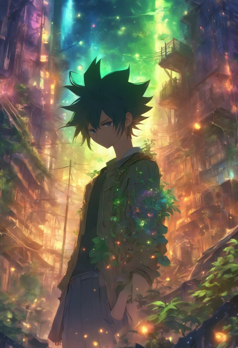 /Imagine Prompt: Slender young man standing in ruins, Steampunk attire、Looks calm and calm, Surrounded by broken buildings and plants, Exudes a sense of devastation,Buildings and roads eroded by plants ,32K, Best Quality, masutepiece, Super Detail, high details, by makoto shinkai ,In the style of star art group Xing, ●Rainbow No. 5"