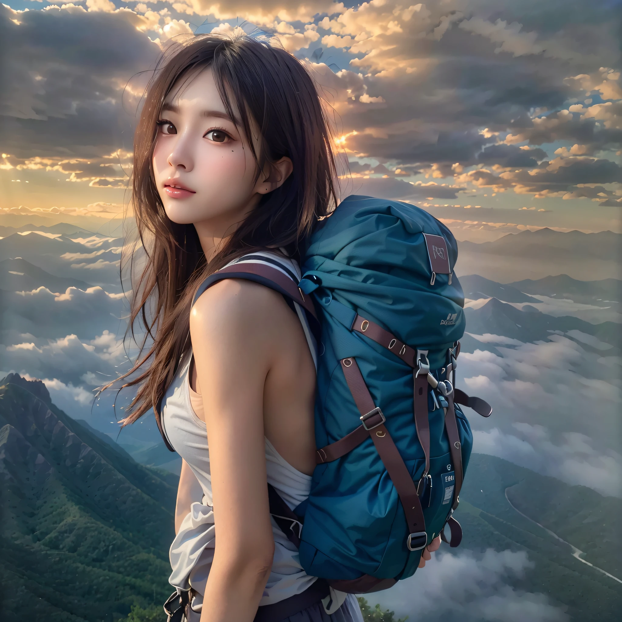 (Naturescape photography), (best quality), masterpiece:1.2, ultra high res, photorealistic:1.4, RAW photo, (Magnificent mountain, sea of clouds), (On a very high mountain peak), (sunset), (wideangle shot),  (Show cleavage:0.8),
(1girl), (Photo from the knee up:1.3), (18 years old), (happy:1.2), (shiny skin), (real skin), (semi-long hair, dark brown hair)
(Sleeveless tank top), (blue Trekking shorts), (Carrying a large backpack), 
(ultra detailed face), (ultra Beautiful fece), (ultra detailed eyes), (ultra detailed nose), (ultra detailed mouth), (ultra detailed arms), (ultra detailed body), pan focus, looking at the audience