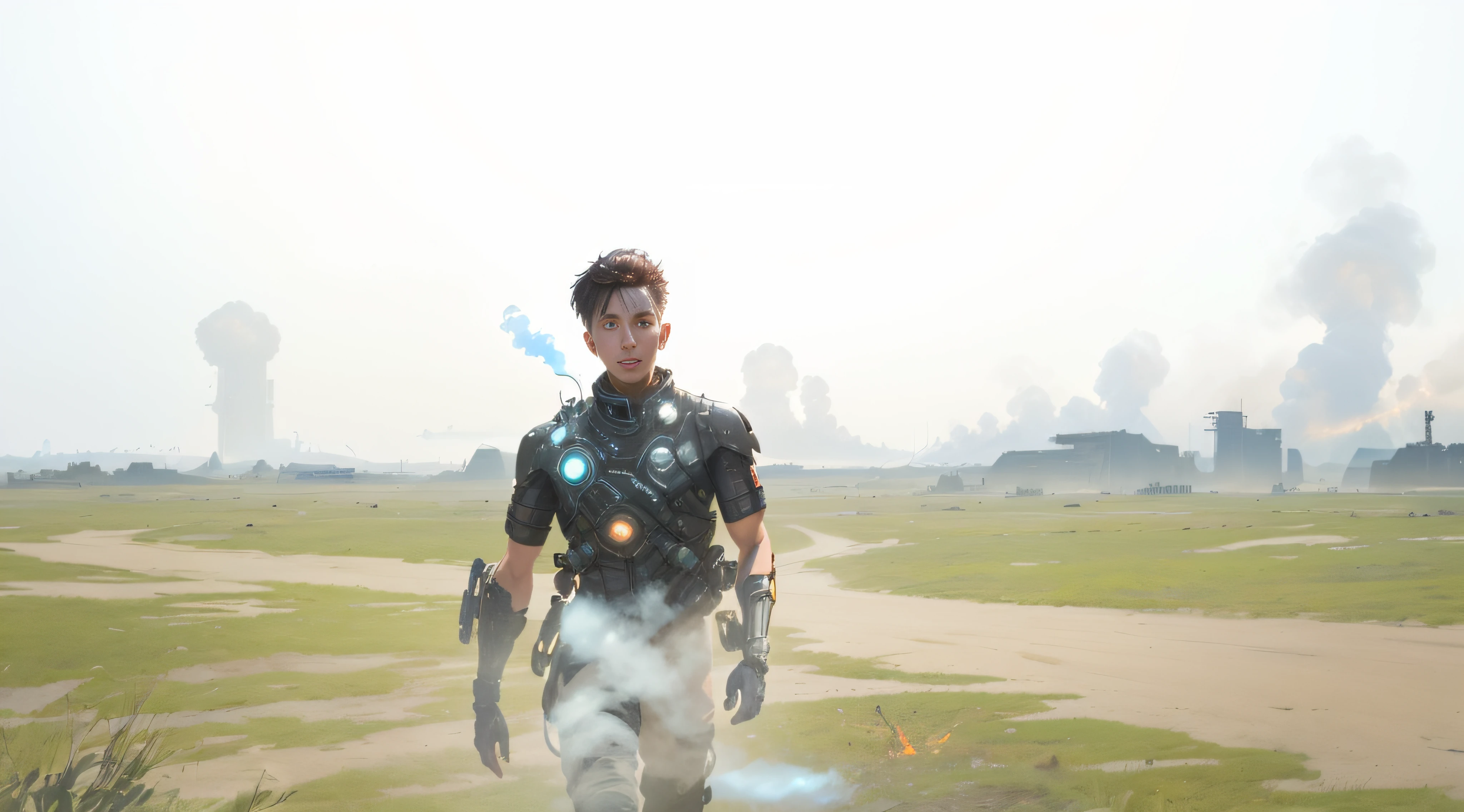 cypunk, futuristic, mechanic, dystopia, trending on artstaion, by greg rutkowski, 8k, boy, glowing eyes, smoke and fire, glowing power aura, dynamic view