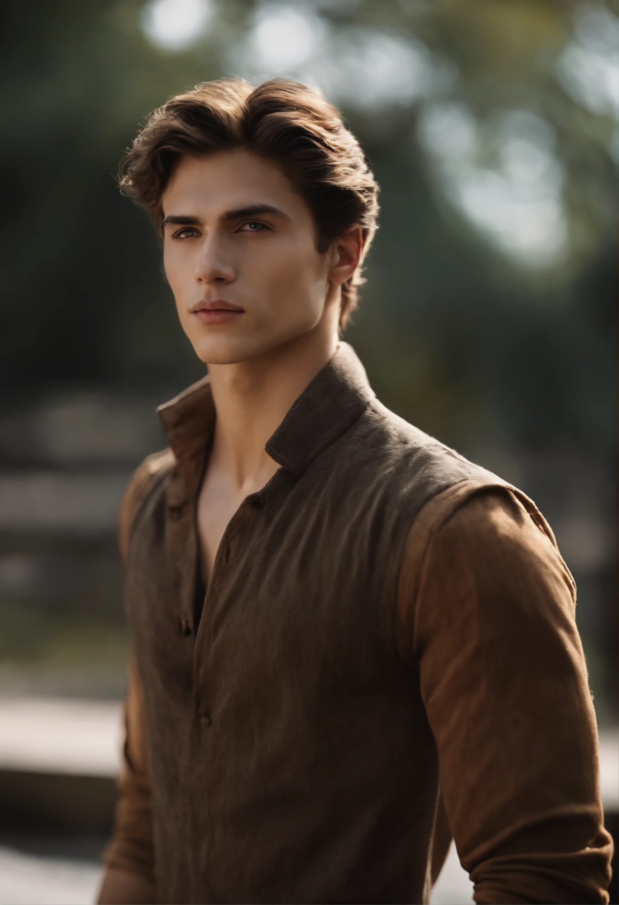 Create a image of a Male character, Age should 20 , Skin colour should be fair , Hair colour should be brown, Hight approximately 5:8, body should be Fit and fine type, it should hyperactive in all activities
