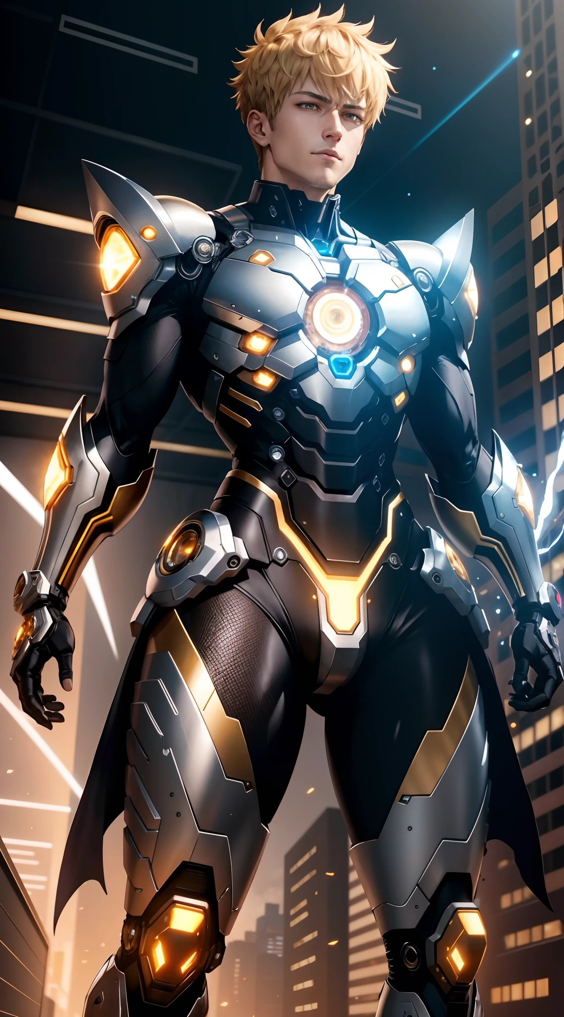 a half body of a person in cyborg mode, 1boy, anime character, Genos war mode, Genos from one punch man, shining eyes, combat pose, dinamic lighting, The body emits electric sparks, electrical particle, smoke electrical fire background, best anime 4k wallpaper, badass anime 8 k, 4 k manga wallpaper, anime mecha aesthetic, black and metalic gold armor cyborg, detailed key anime art, one punch man manga, highly detailed Cyborg,