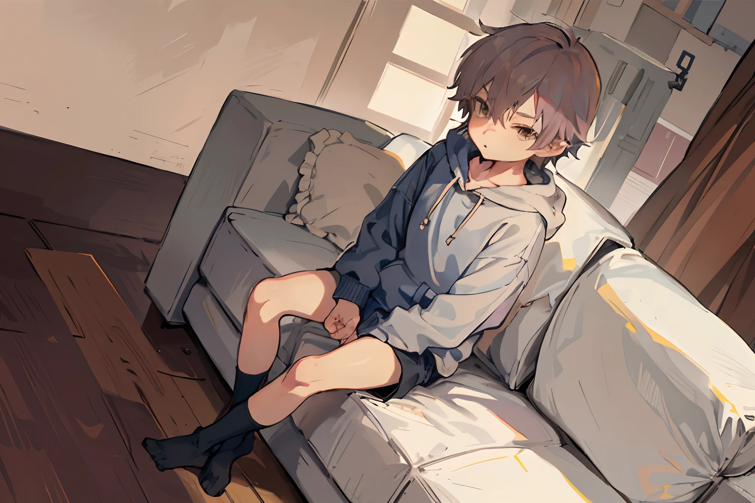 Shota White Head, arms, body, legs with bluish black pattern, whole body, eyes and pupils blue, feet, (Young:1.4), (Child:1.4), (Shota:1.8), (male:1.8), (boy:1.9), NegfeetV2, (blue eyes:1.6), (brown hair:1.6), (short hair:1.7), (feet in focus:1.2), (socks:1.6), (laying on bed:1.4), (foot:1.4), (sweatpants:1.6),