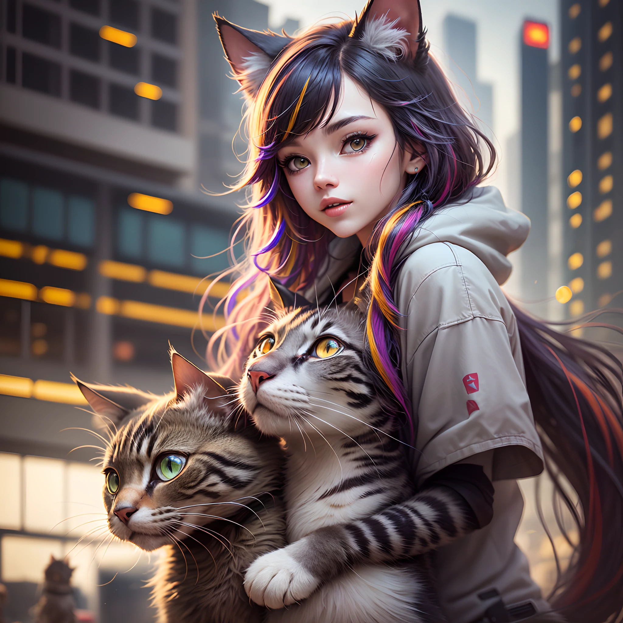 Beautiful photorealistic photo of cyberpunk cat girl with long multicolored hair and wagging tail、((top-quality))、((masterpiece))、Depth of field f / 2.8