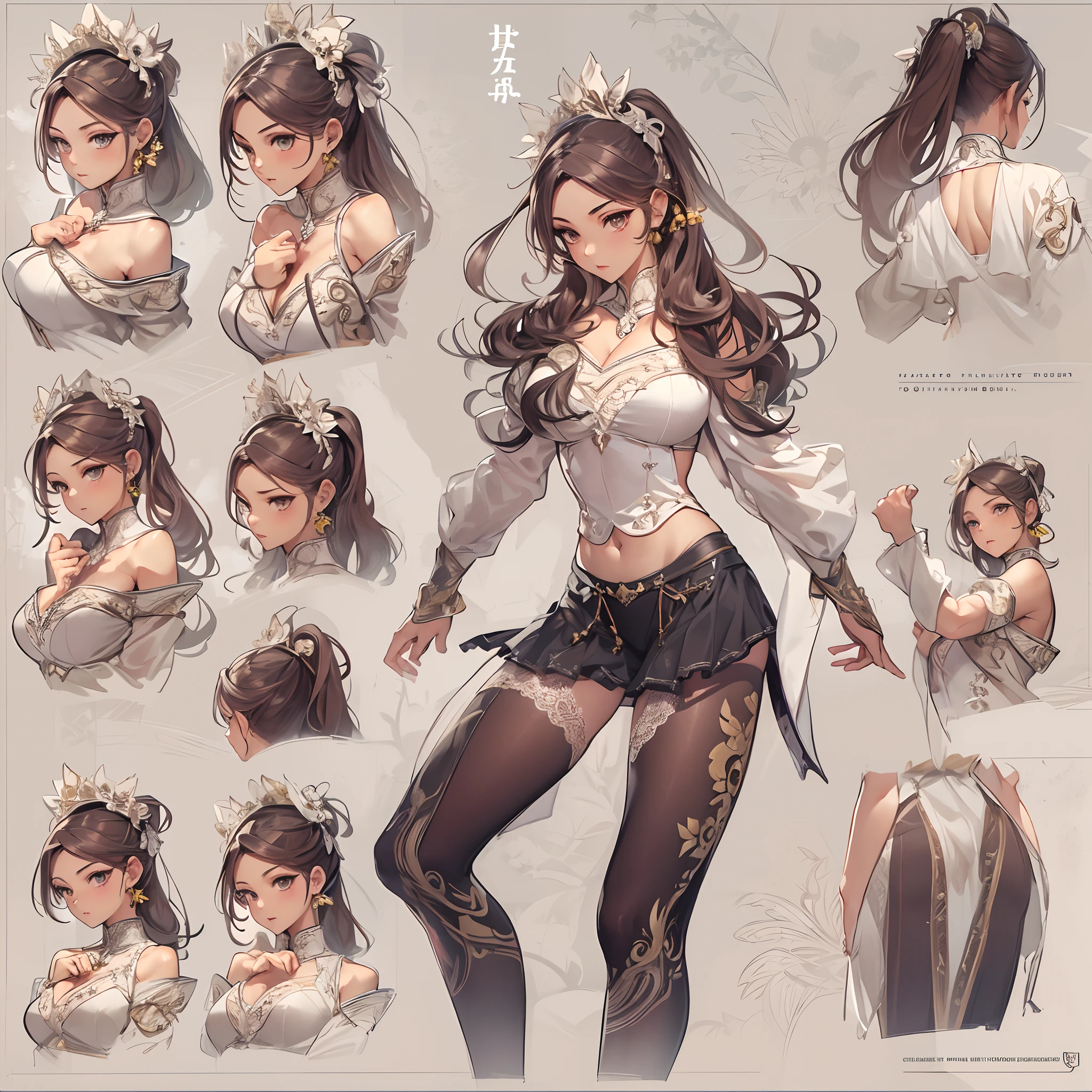 ((Masterpiece, Highest quality)), Detailed face, CharacterDesignSheet， full bodyesbian, Full of details, Multiple poses and expressions, Highly detailed, Depth, Many parts，Martial arts girl，double-ponytail，estilo fantasia，Extremely beautiful，High Balance, Natural light, Lace，lacepantyhose，Sunny décor