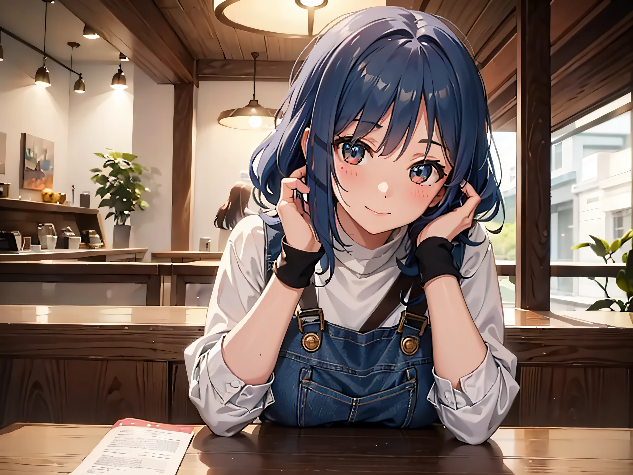 girl, shy, smiling, blushing, looking directly at the viewer, with a cute face and adorable eyes, sitting in front of viewer, sitting in a cozy cafe. The background is filled with the warm ambiance of a cafe, with soft lighting and a simple decor. The girl is leaning slightly over the table, adding an intimate feel to the scene. The overall image quality is of the highest standard, with a resolution of 8k and flawless attention to detail. The colors are vibrant and vivid, enhancing the overall aesthetic of the artwork. The lighting is carefully crafted to highlight the girl's features and create a visually pleasing atmosphere.