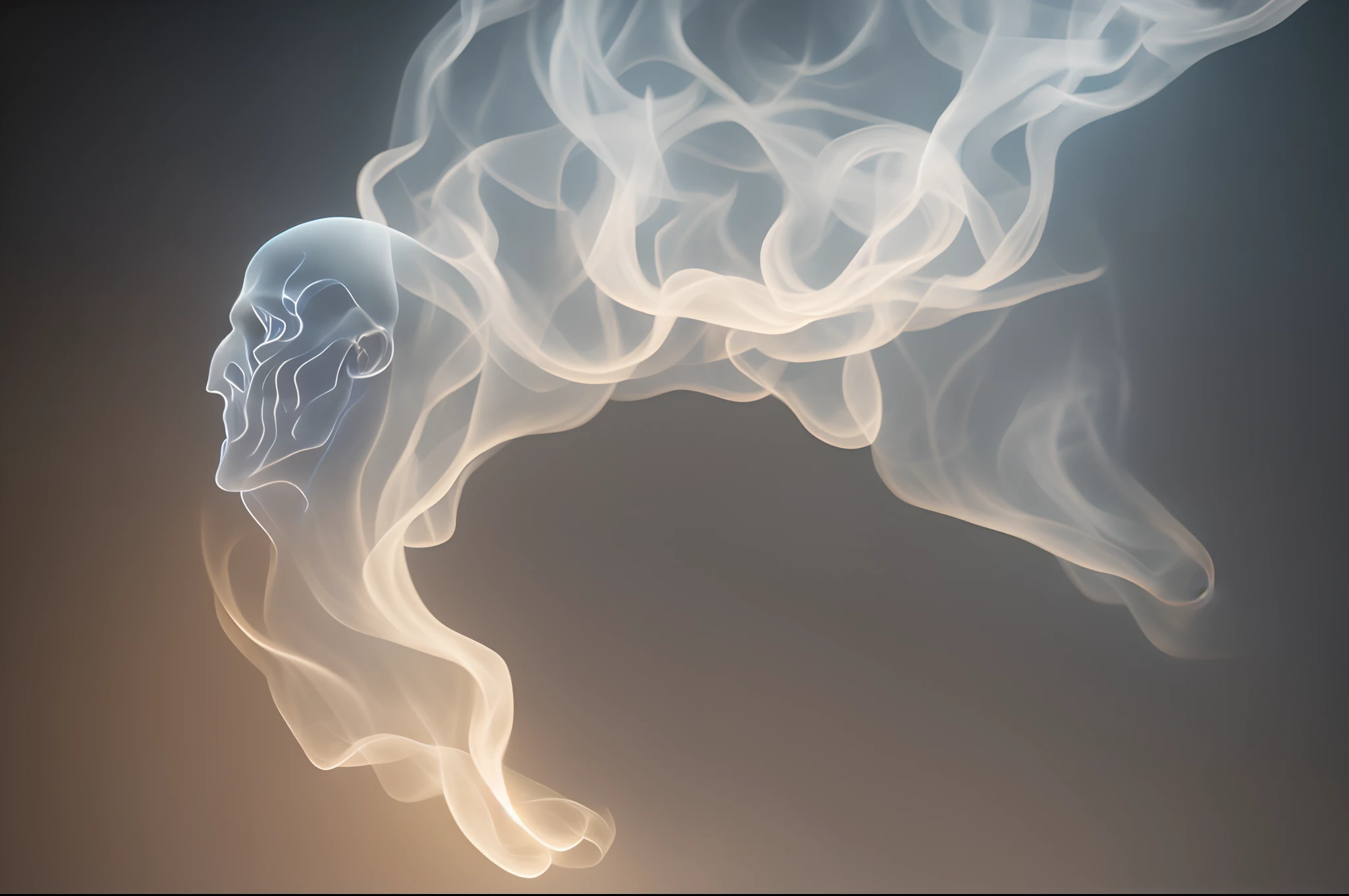 upper body part of a ghost made of light smoke on dark background, stunning, render, hyper realistic, octane render