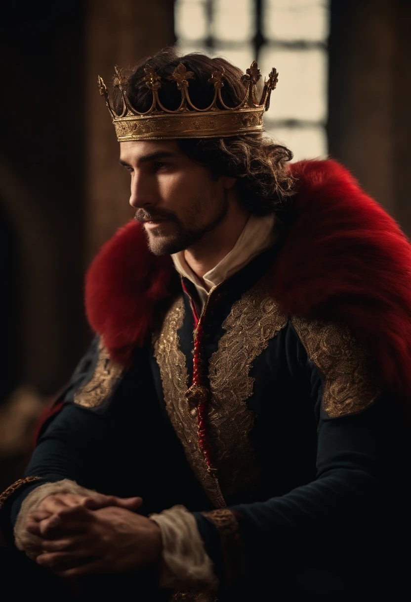 A cinematic and darkly evocative scene depicting Philip of Valois asserting his claim to the French throne, styled in the manner of Edmund Blair Leighton. Philip stands resolute in a richly adorned chamber, illuminated by flickering torches that cast dramatic shadows across his figure. He wears an opulent coronation robe, deep crimson and gold, and holds a regal scepter, symbolizing his authority. His crown, resplendent with intricate jewels, glistens in the dim light, asserting his right to rule. Behind him, a tapestry depicting the French lion and fleurs-de-lis adds to the grandeur, while his steely gaze and determined stance underscore his claim. The mood is one of intense gravity, the dark, moody colors and detailed textures enhancing the sense of a historic moment fraught with political significance., Surrealism, Hyperrealism, UHD, retina, masterpiece, accurate, anatomically correct, textured skin, super detail, 16k