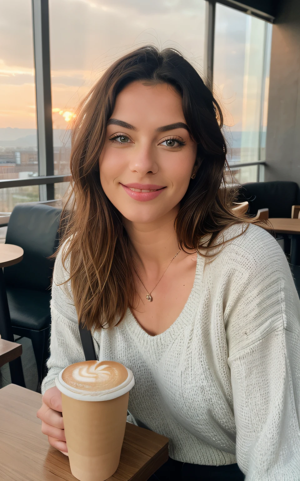 Cute beautiful blonde with yellow sweater (Drinking coffee in a modern café at sunset), sehr detailliert, 14 Jahre alt, unschuldiges Gesicht, naturally wavy hair, blaue Augen, high-res, Meisterwerk, best qulaity, komplizierte Details, sehr detailliert, scharf Fokus, detaillierte Haut, realistische Hauttextur, Textur, detaillierte Augen, professionell, 4k, charming smile, aufgenommen mit Canon, 85 mm, light depth of field, Kodak Vision-Farbe, perfectly fitting body, extrem detailliert, Foto_\(ultra\), fotorealistisch, realistisch, Nachbearbeitung, maximale Details, Rauheit, echtes Leben, ultrarealistisch, Fotorealismus, Fotografie, 8k uhd, Fotografie, beautiful teeth
