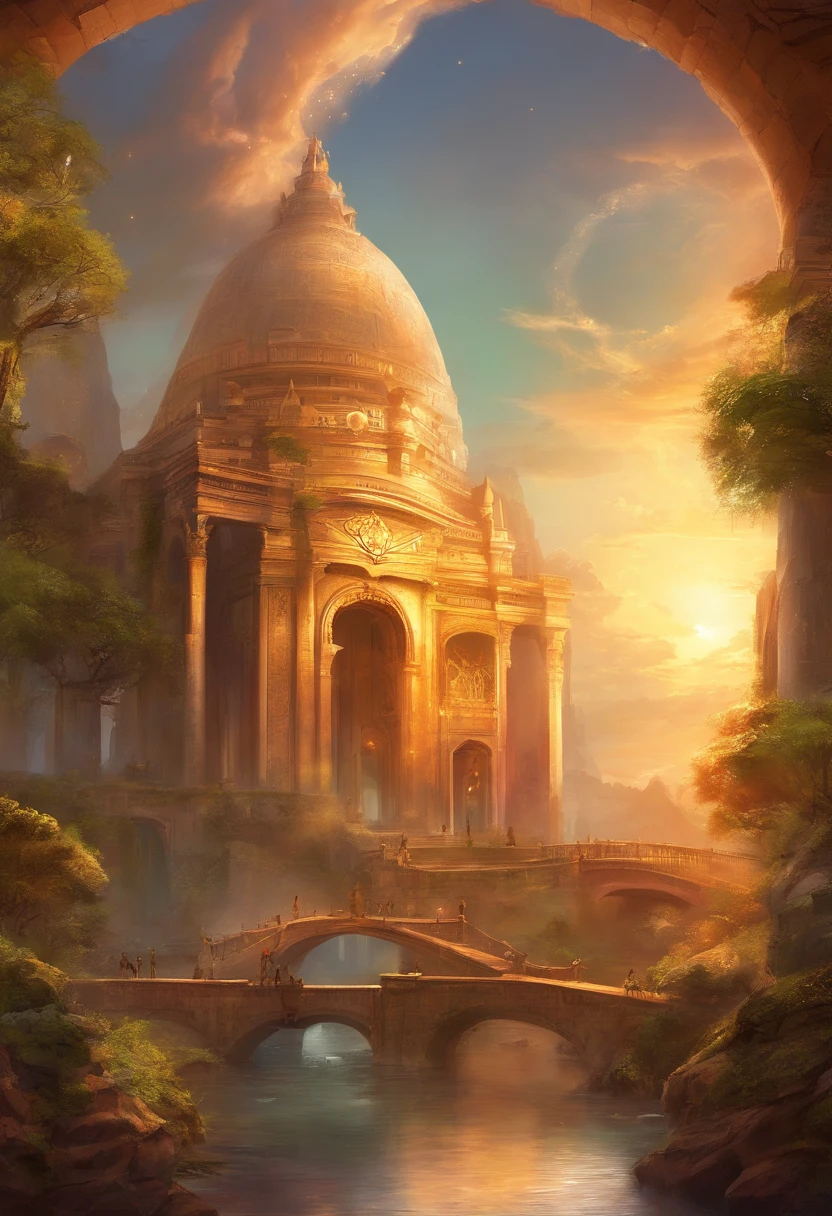 estilo roma, cidade rica, cidade grande, cores brilhantes, edificios prosperos, edificios brancos e dourados, grande arvore no horizonte, superficies reflexivas, 8k, global ilumination, raios divinosd