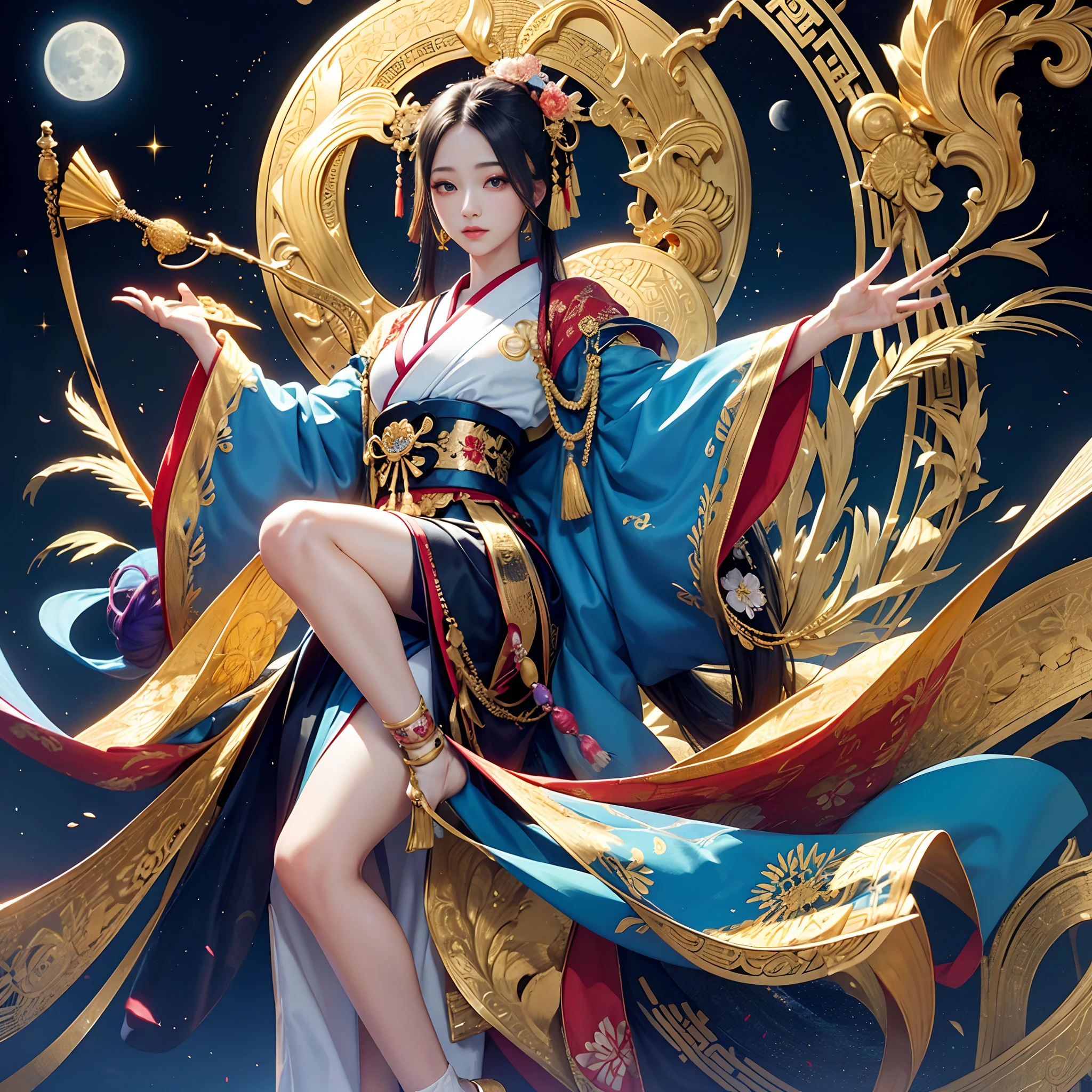 Manju Sahua Mandala、Try to give your audience a bouquet、
watching at viewers、for the background(ancient city:1.2)And the moon、((dense background))、poneyTail、Woman with shiny black hair、perfect hand、BREAK {{{Luxury kimono(Colorful kimono(Detailed golden embroidery,))}}}、face perfect,Depict a beautiful and graceful woman of Japan。poneyTail、Heart in the eye。full body Esbian。 Wallpaper 8K, .Blur the background with a sickle,((masutepiece)), ((Best Quality))