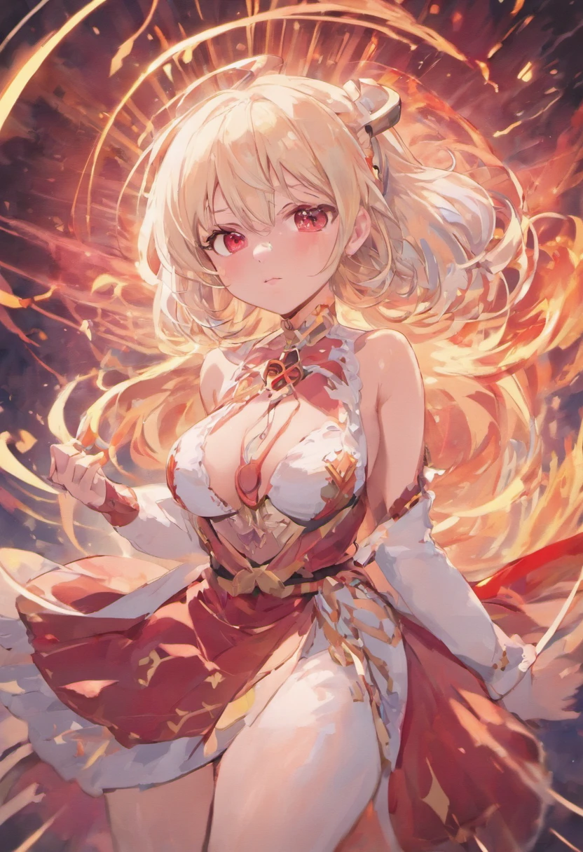 Lori huge breasts cleavage，white color hair，red color eyes，White JK，Magic hat，magical staff