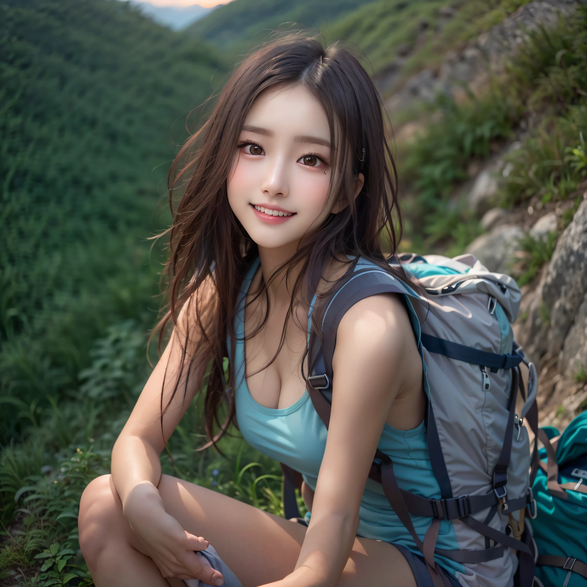 (Naturescape photography), (best quality), masterpiece:1.2, ultra high res, photorealistic:1.4, RAW photo, (Magnificent mountain, sea of clouds), (On a very high mountain peak), (sunset), (wideangle shot),  (Show cleavage:0.8),
(1girl), (Photo from the knee up:1.3), (18 years old), (smile:1.5), (shiny skin), (real skin), (semi-long hair, dark brown hair)
(white tank top), (blue Trekking shorts), (Carrying a large backpack), 
(ultra detailed face), (ultra Beautiful fece), (ultra detailed eyes), (ultra detailed nose), (ultra detailed mouth), (ultra detailed arms), (ultra detailed body), pan focus, looking at the audience