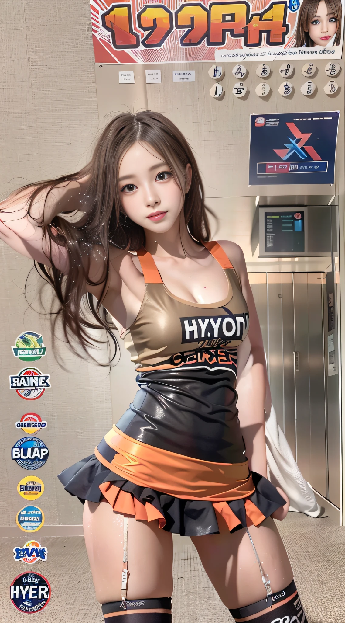 (8k, highest quality, high resolution), (photo realistic:1.2), (hyper realistic:1.2), (1girl:1.37), inside the stadium, cheerleader, The upper part of the body, (body wet with sweat, face wet with sweat), Beautiful face:1.2, (happy), very small face, medium breasts, ruffled miniskirt, knee-high boots, 18 years old, very detailed face:1.3, makeup, lipgloss, face focused, standing, looking forward, wearing a garter belt, fox ear headband, toned hips