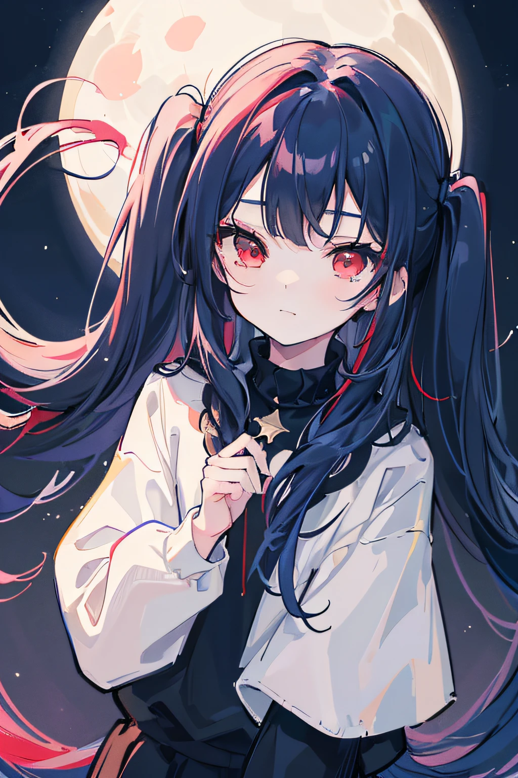 1girl, masterpiece, young girl, high quality, ((dark blue hair)), ((straight hair)), (twintail), ((long hair)), (red eyes), ((deatil face)), in the night, night sky, with the moon, full moon, with the stars, dark, small smiling, (black jumper)