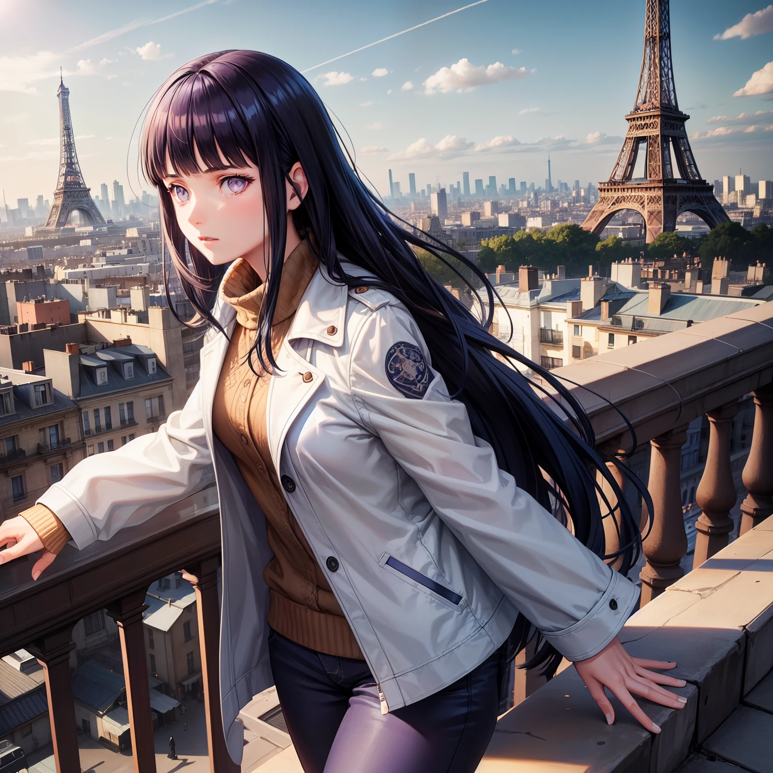 Girl, long dark blue hair, a white jacket and brown shirt and brown pants, Blunt Bangs, purple eyes, standing at a balcony looking at the city, Eiffel Tower