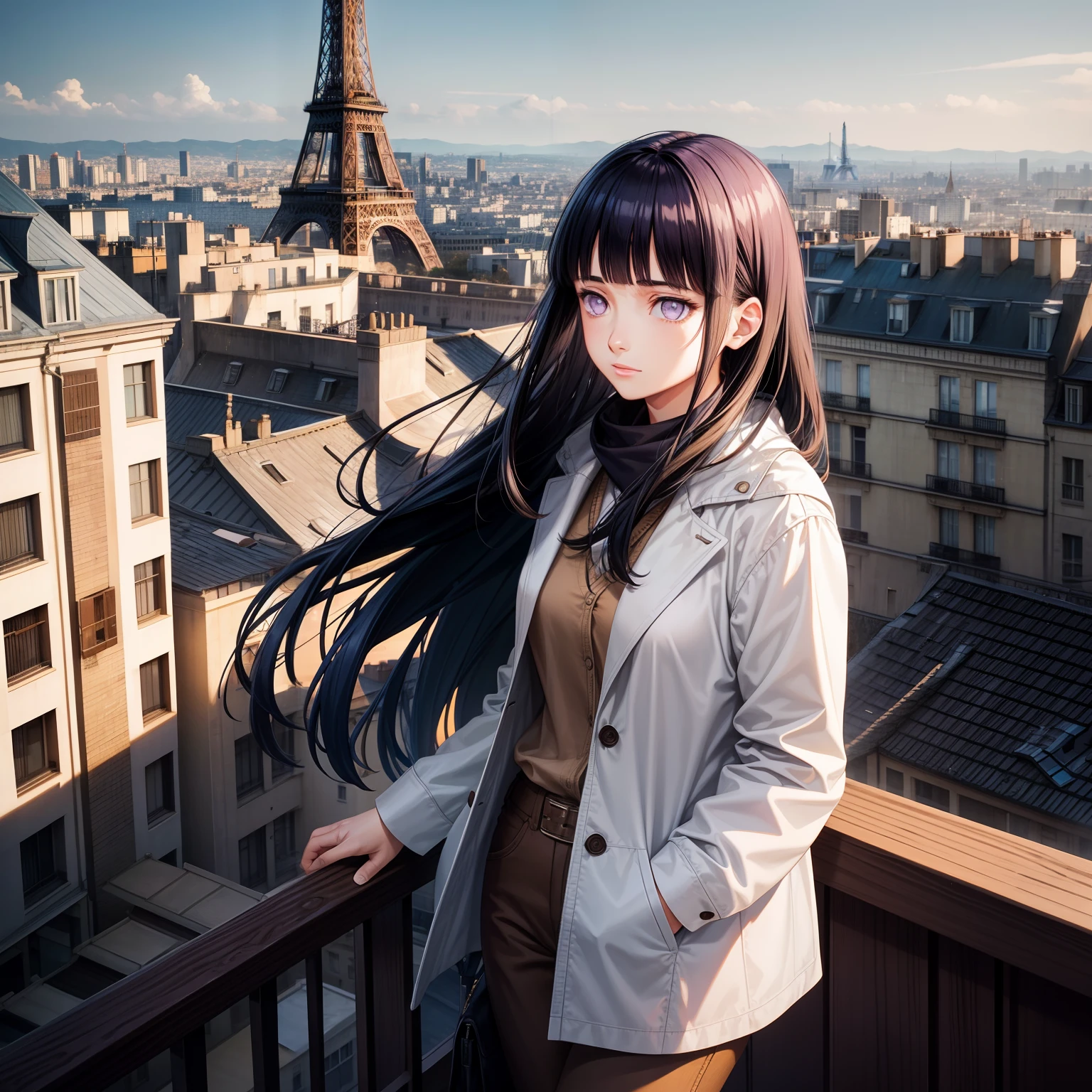 Girl, long dark blue hair, a white jacket and brown shirt and brown pants, Blunt Bangs, purple eyes, standing at a balcony looking at the city, Eiffel Tower