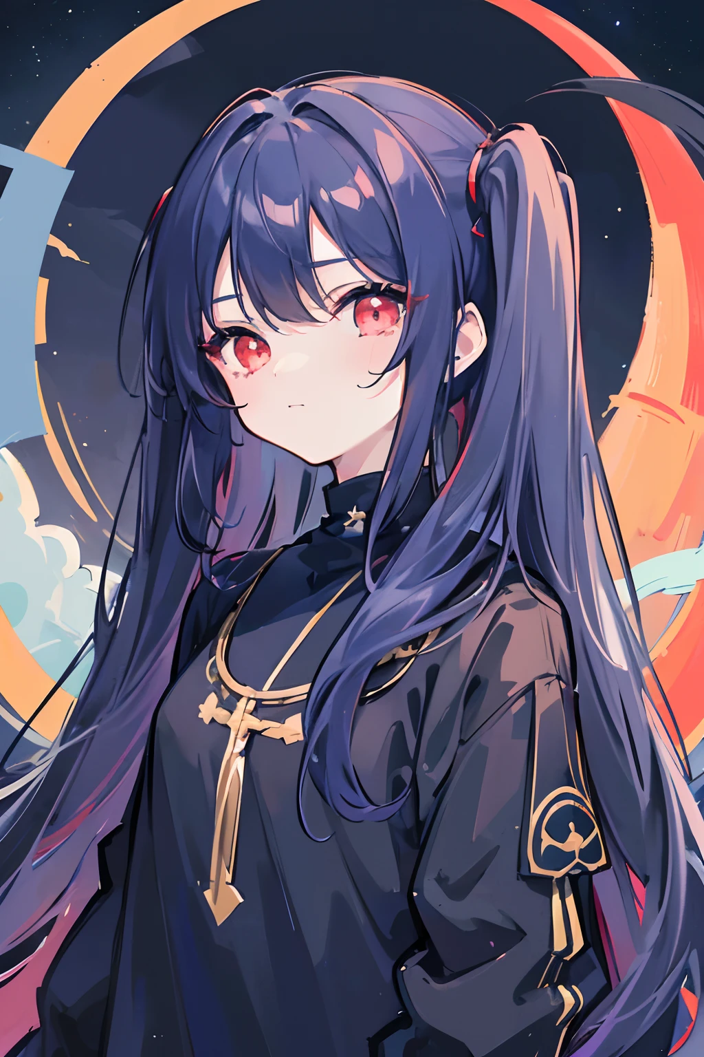 1girl, masterpiece, young girl, high quality, ((dark blue hair)), ((straight hair)), (twintail), ((long hair)), (red eyes), ((deatil face)), in the night, night sky, with the moon, full moon, with the stars, dark, small smiling, ((holy)), black jumper