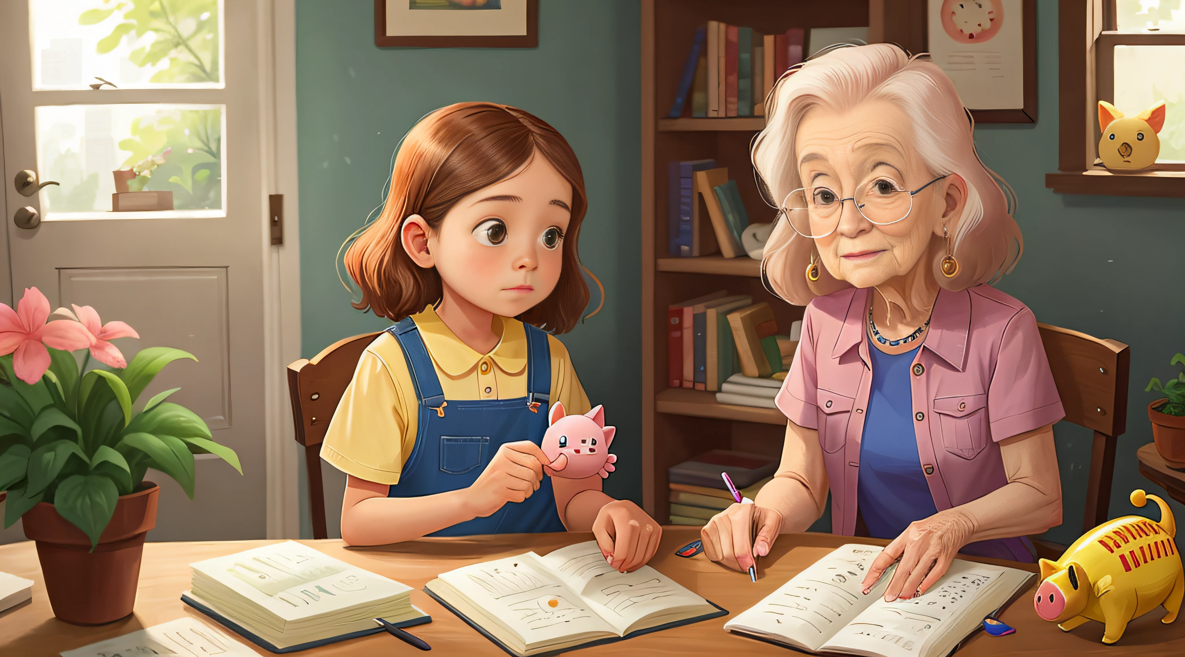 Liz is a 10-year-old girl and grandmother at 85, the grandmother showing a piggy bank to Liz, enquanto elas discutem o valor de economizar