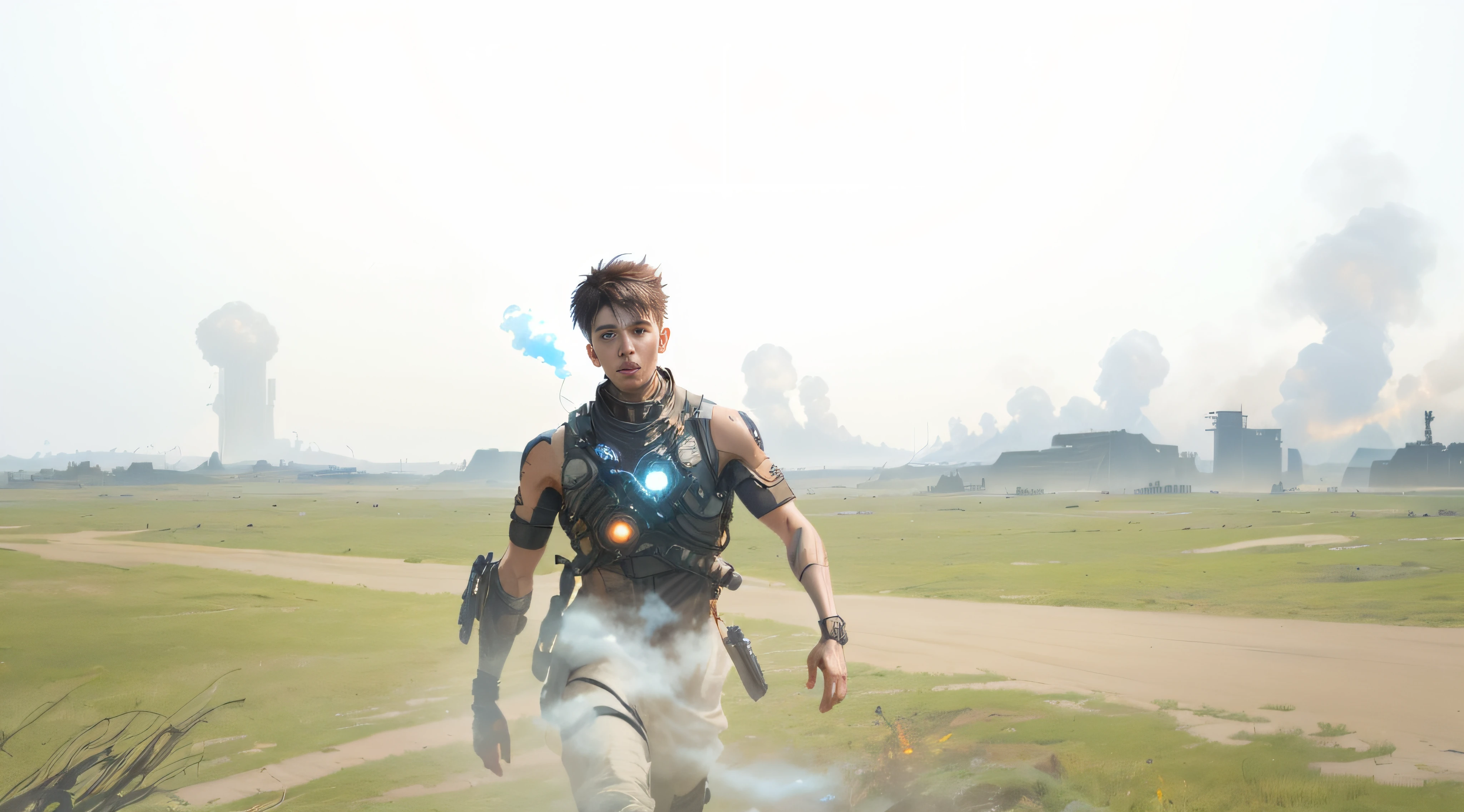 cypunk, futuristic, mechanic, dystopia, trending on artstaion, by greg rutkowski,  8k, boy, glowing eyes, smoke and fire, glowing power aura, dynamic view