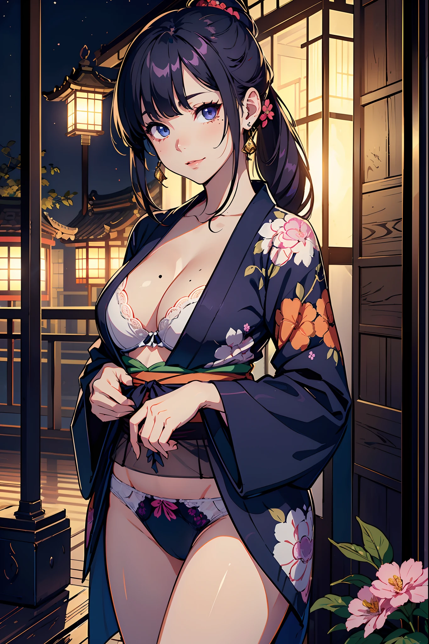 (((Masterpiece 1.5))),(hyper quality:1.5), Hyper Detailed,Perfect drawing,。.。.3D,16K illustrations,(((clearface)))Hi-Res,japanes,1 persons,adult lady,Beautiful skins,Woman in kimono leaning against tree on beautiful landscape background, 1girl in, Solo, Navel, Komono, Panties, Kimono, Underwear, White panties, Looking at Viewer, Hair Ornament, Blue eyes, flower, Hair Flower, Night, Wide sleeves, Long hair, sash, Cowboy Shot, Long sleeves, Smile, Obi, Jewelry, with floral pattern, East Asian Architecture, Black hair, Mole, Mole under the eyes, Outdoors, architecture, earrings(((beautiful kimonos))),((Luxury underwear)),(((Beautiful underwear)))Japan background,Nice back
ground,((beatiful backgrounds))(((Detailed drawing))),Perfect Beautiful Girl,((Perfect Photo)),((emotional)),((Luxury)),spot light,、,Shion, Single Project, Purple hair, Big Breast, cleavage, Purple eyes, Ponytail