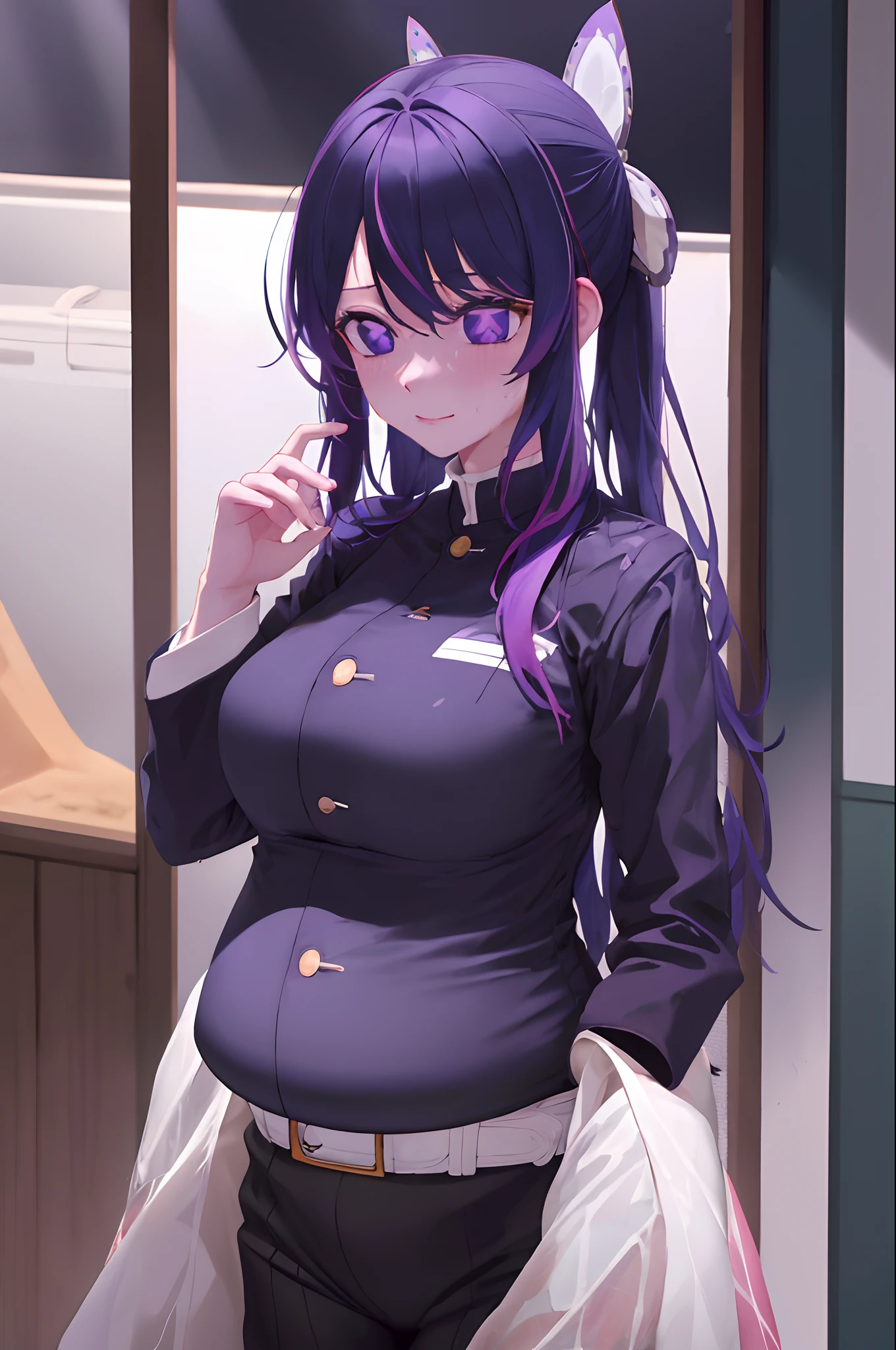 parted bangs, black pants, black jacket, long sleeves, belt, cowboy shot, Hoshino Ai, long hair, purple hair, streaked hair ,purple eyes, star-shaped pupils, hair ornament, pregnant, squat, wet, a large amount of cloudy liquid drips from the genital, (Bruises, dirty,BDSM), Squirting, female masturbation