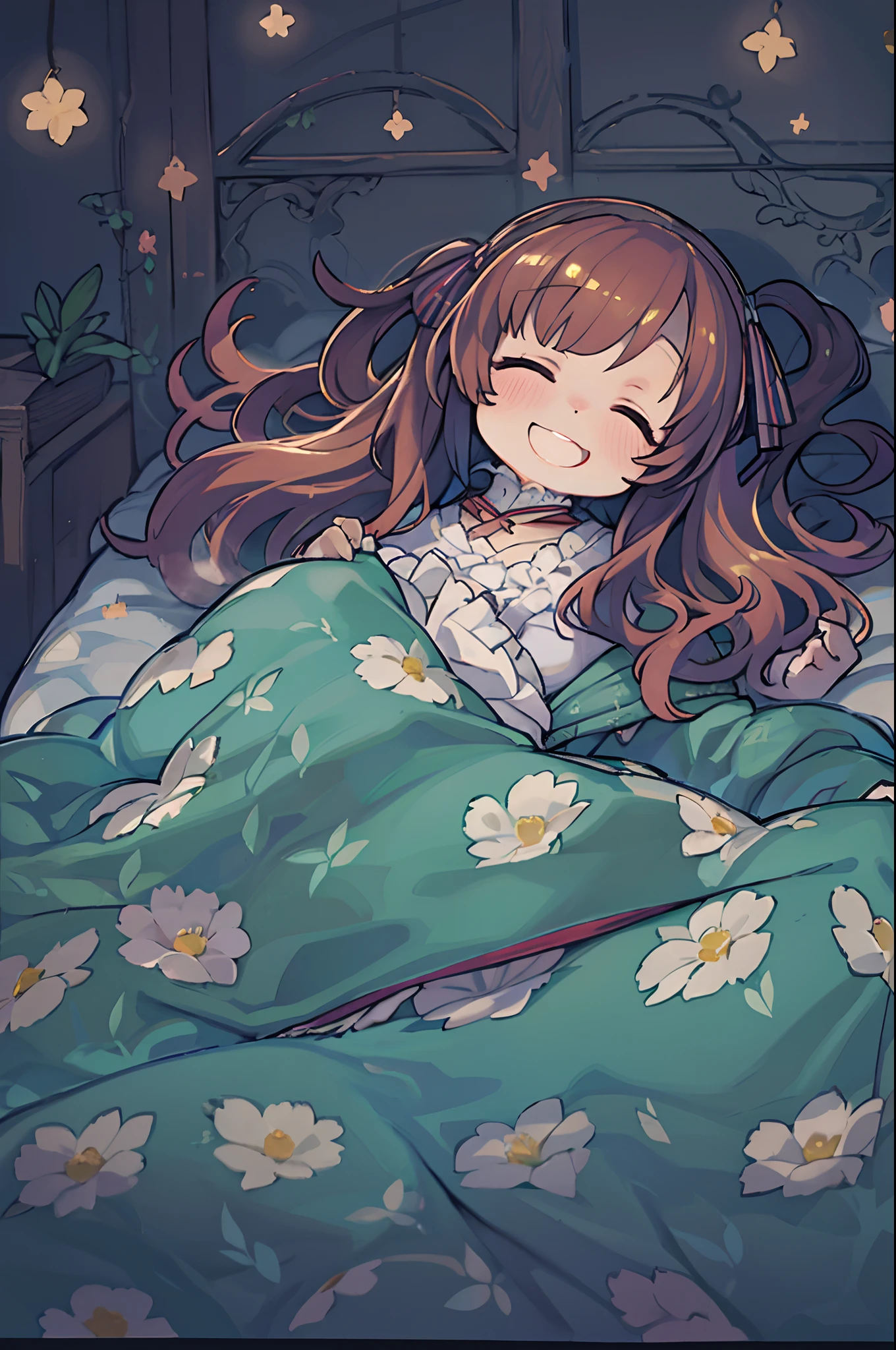 masutepiece, Best Quality, 1 girl, Solo, effect, Dark background, Sleeping in bed with a happy face