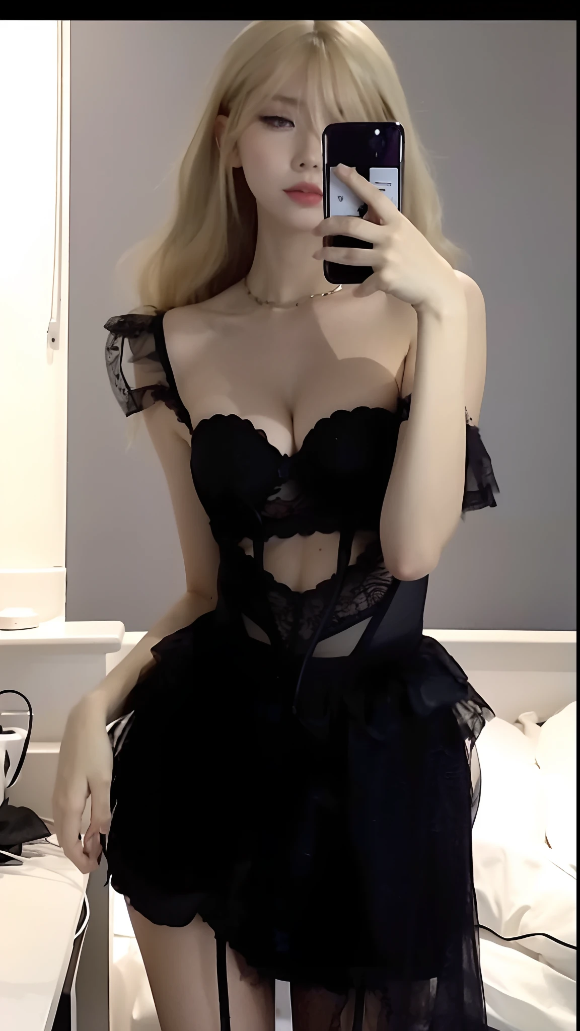 Blonde woman taking selfie in black dress in mirror, Wearing sexy lingerie, Lingerie, Sexy dress, thin black lingerie, Corset, Black lace, sexy gown, very sexy outfit, wearing a corset, laced lingerie, 2 4 year old female model, Sexy outfit, Lingerie!!, she wears a black dress, Black bra, elegant corset, fantasyoutfit