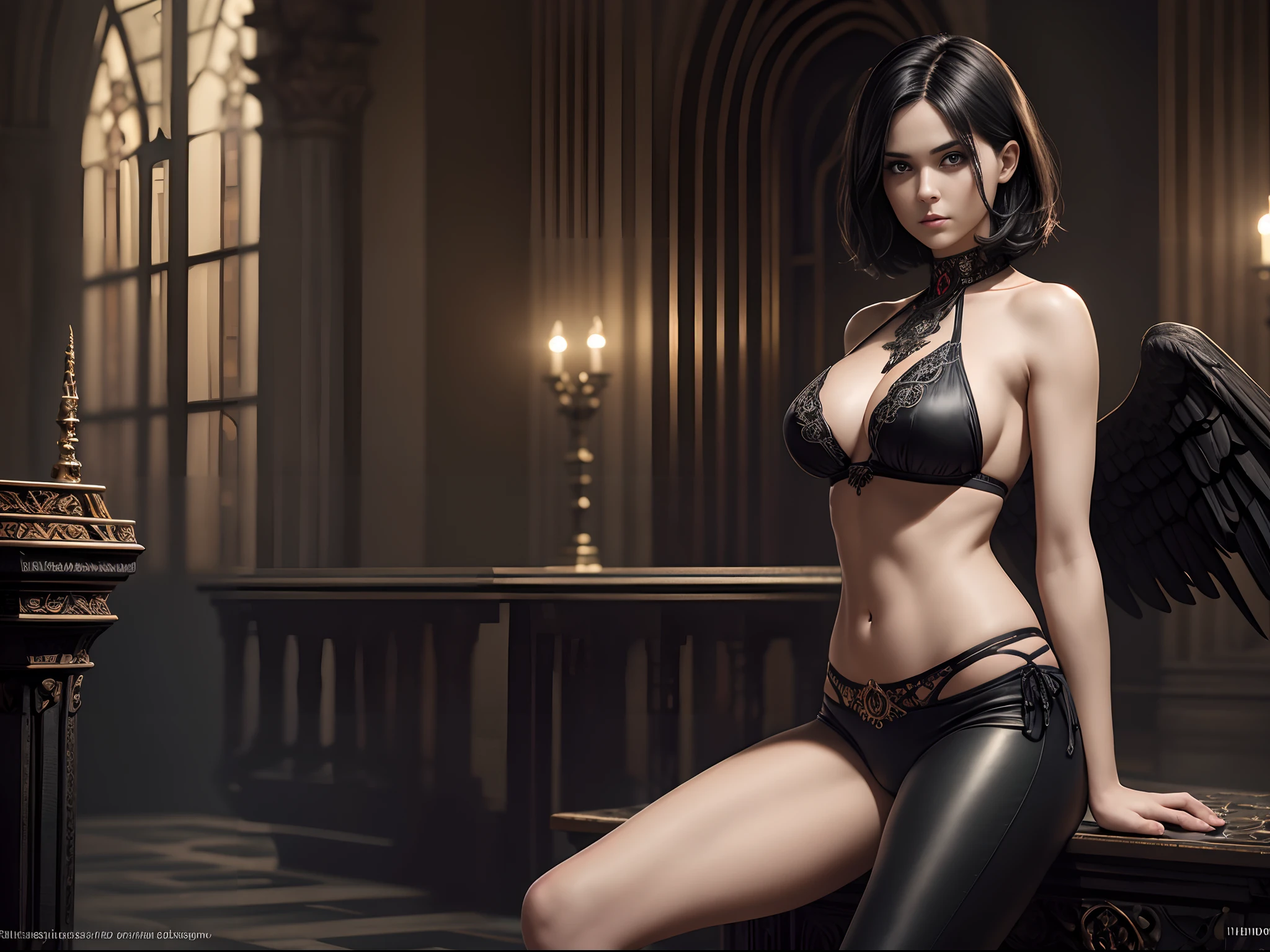 Photorealistic Image of Gorgeous British Female Fallen Angel with Proportional Body, Short Bob Black Hair, (One Person), (Black Metal Bikini and Black Tight Pants), Red Eyes, Pale Skin, Serious Face, Deep Cleavage, Sitting on a Throne Pose, Castle Altar at Night, Centered, Waist-up Shot, Shot Taken From Above, Insane Details, Intricate Face Detail, Intricate Hand Details, Cinematic Shot and Lighting, Realistic Colors, Masterpiece, Sharp Focus, Ultra Detailed, Taken with DSLR camera, Realistic Photography, Depth of Field, Incredibly Realistic Environment and Scene, Master Composition and Cinematography