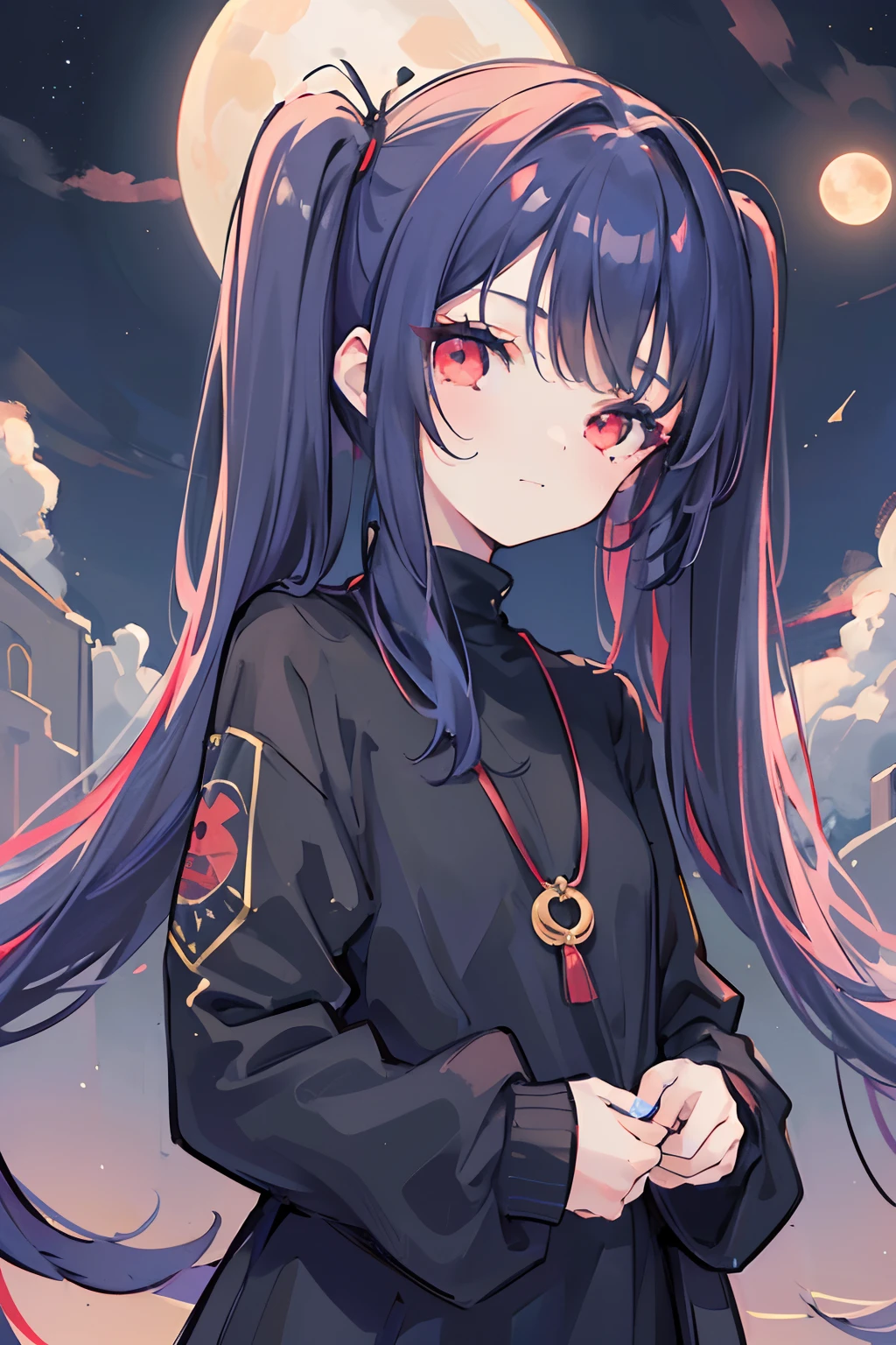 1girl, masterpiece, young girl, high quality, (dark blue hair), (straight hair), (twintail), (ong hair, red eyes, ((deatil face)), in the night, night sky, with the moon, full moon, with the stars, dark, small smiling, black jumper