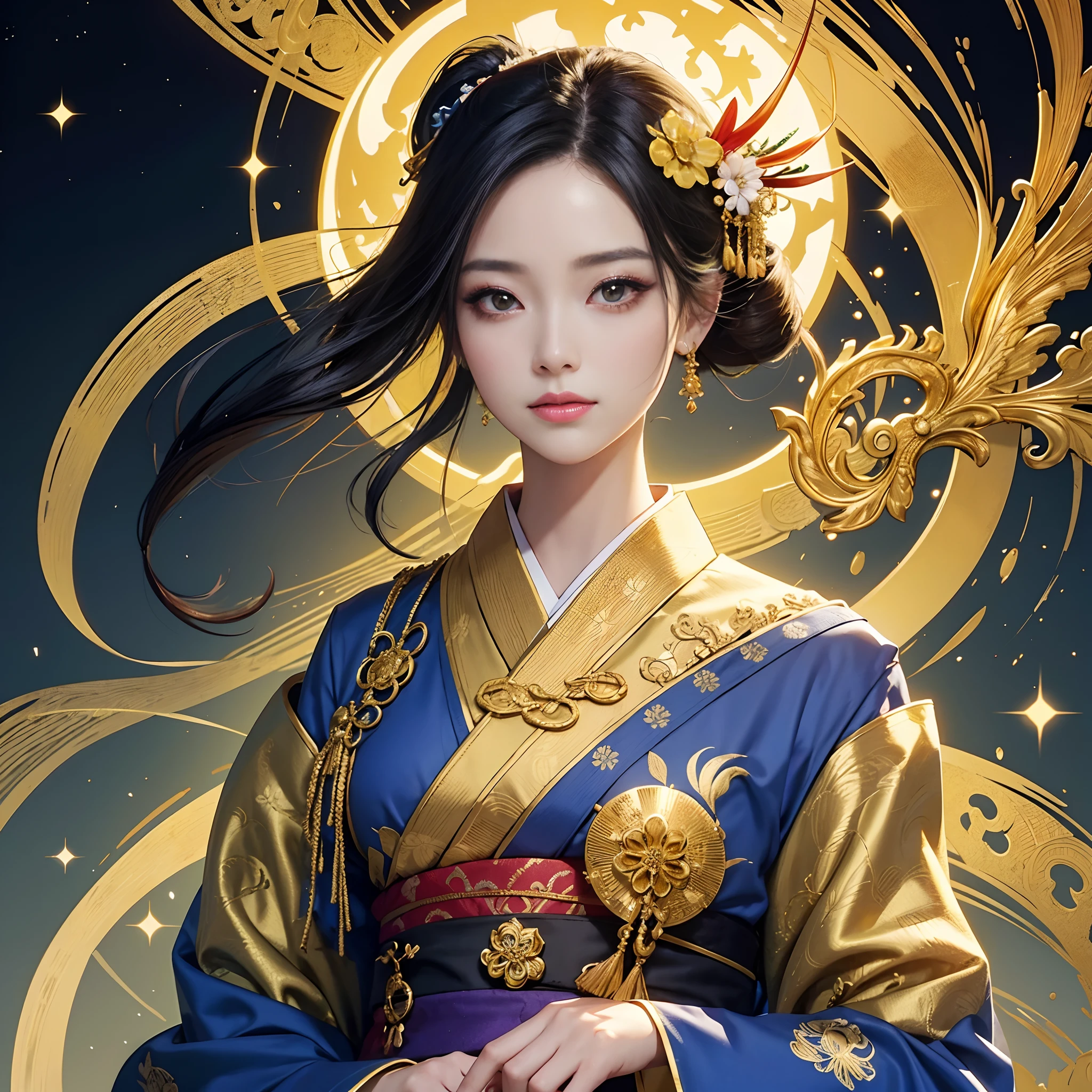 Try to give your audience a bouquet、
watching at viewers、for the background(ancient city:1.2)And the moon、((dense background))、poneyTail、Woman with shiny black hair、perfect hand、BREAK {{{Luxury kimono(Colorful kimono(Detailed golden embroidery,))}}}、face perfect,Depict a beautiful and graceful woman of Japan。poneyTail、Heart in the eye。full body Esbian。 Wallpaper 8K, .Blur the background with a sickle,((masutepiece)), ((Best Quality)),photorealistic