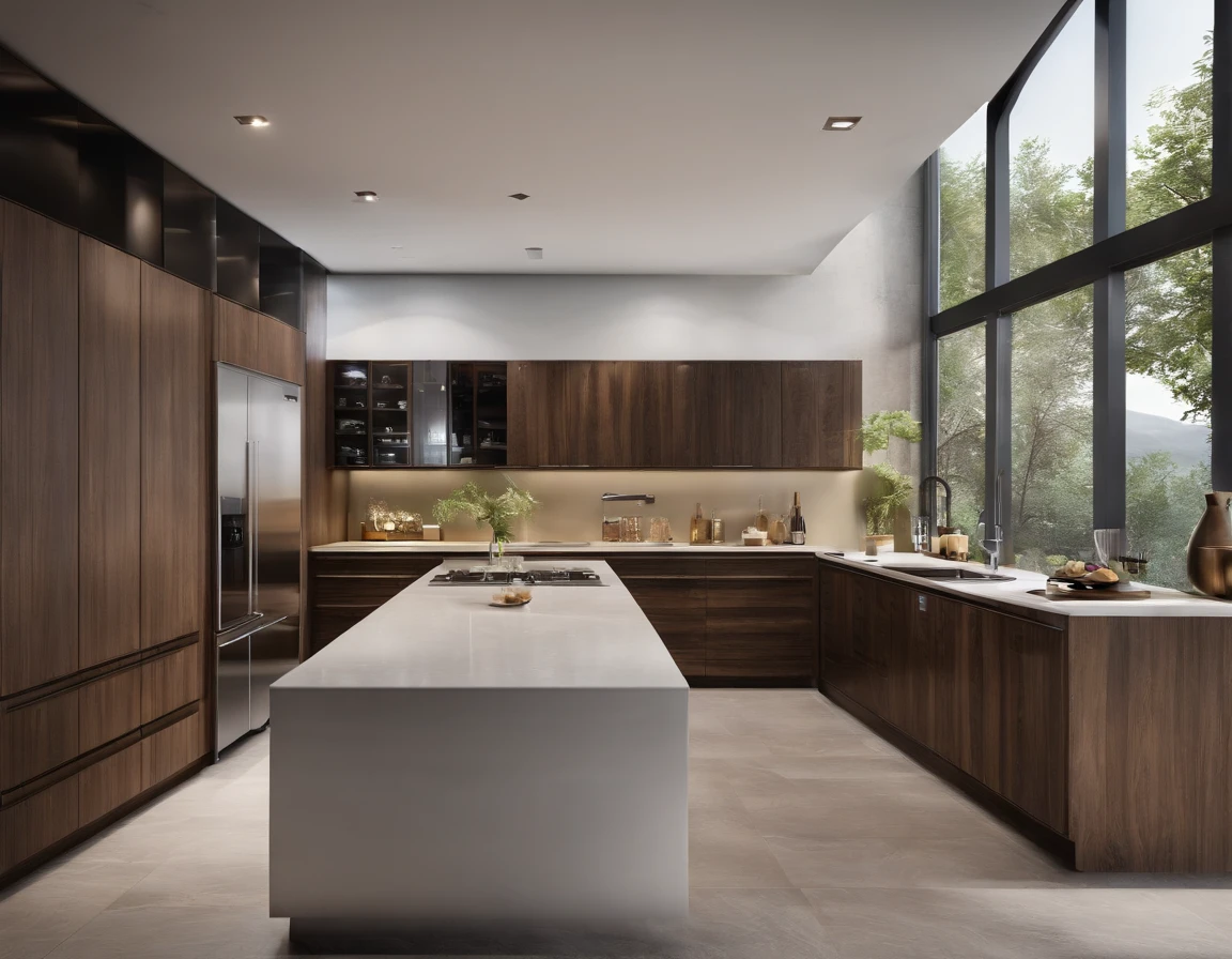 modern kitchen,Gorgeous renovation,Refrigerator,cupboard,Wide scene,in a panoramic view,from outside, UHD, high details