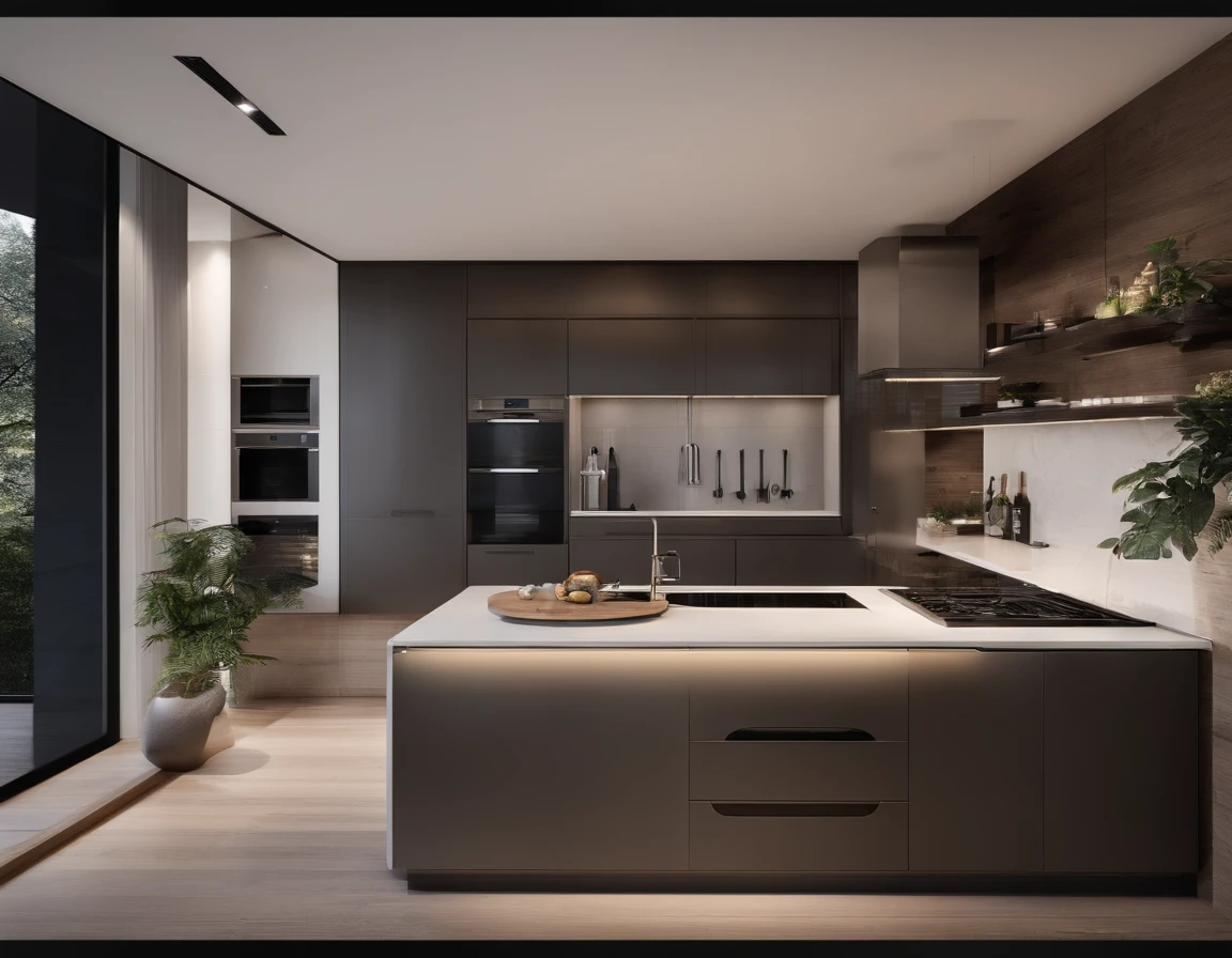 modern kitchen,Gorgeous renovation,Refrigerator,cupboard,Wide scene,in a panoramic view,from outside, UHD, high details