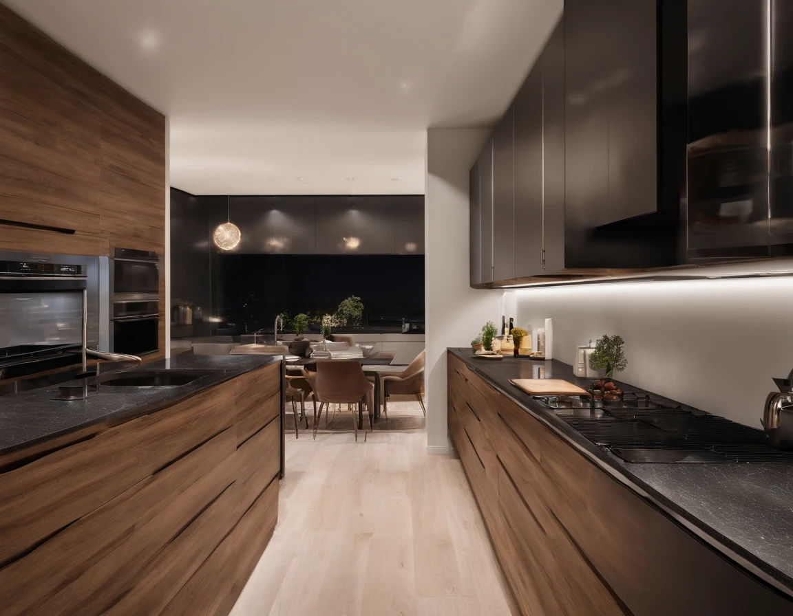 modern kitchen,Gorgeous renovation,Refrigerator,cupboard,Wide scene,in a panoramic view,from outside, UHD, high details