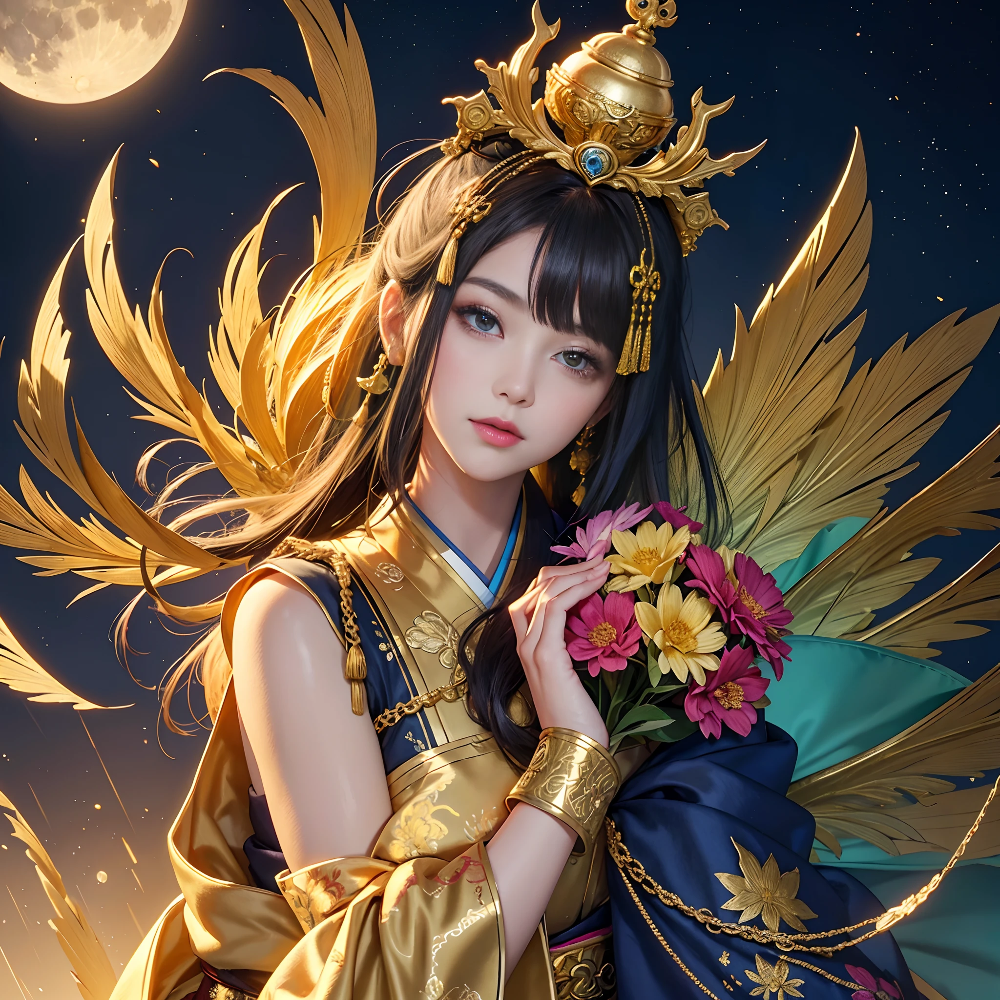 Try to give your audience a bouquet、
watching at viewers、for the background(ancient city:1.2)And the moon、((dense background))、poneyTail、Woman with shiny black hair、perfect hand、BREAK {{{Luxury kimono(Colorful kimono(Detailed golden embroidery,))}}}、face perfect,Depict a beautiful and graceful woman of Japan。poneyTail、Heart in the eye。full body Esbian。 Wallpaper 8K, .Blur the background with a sickle,((masutepiece)), ((Best Quality)),photorealistic