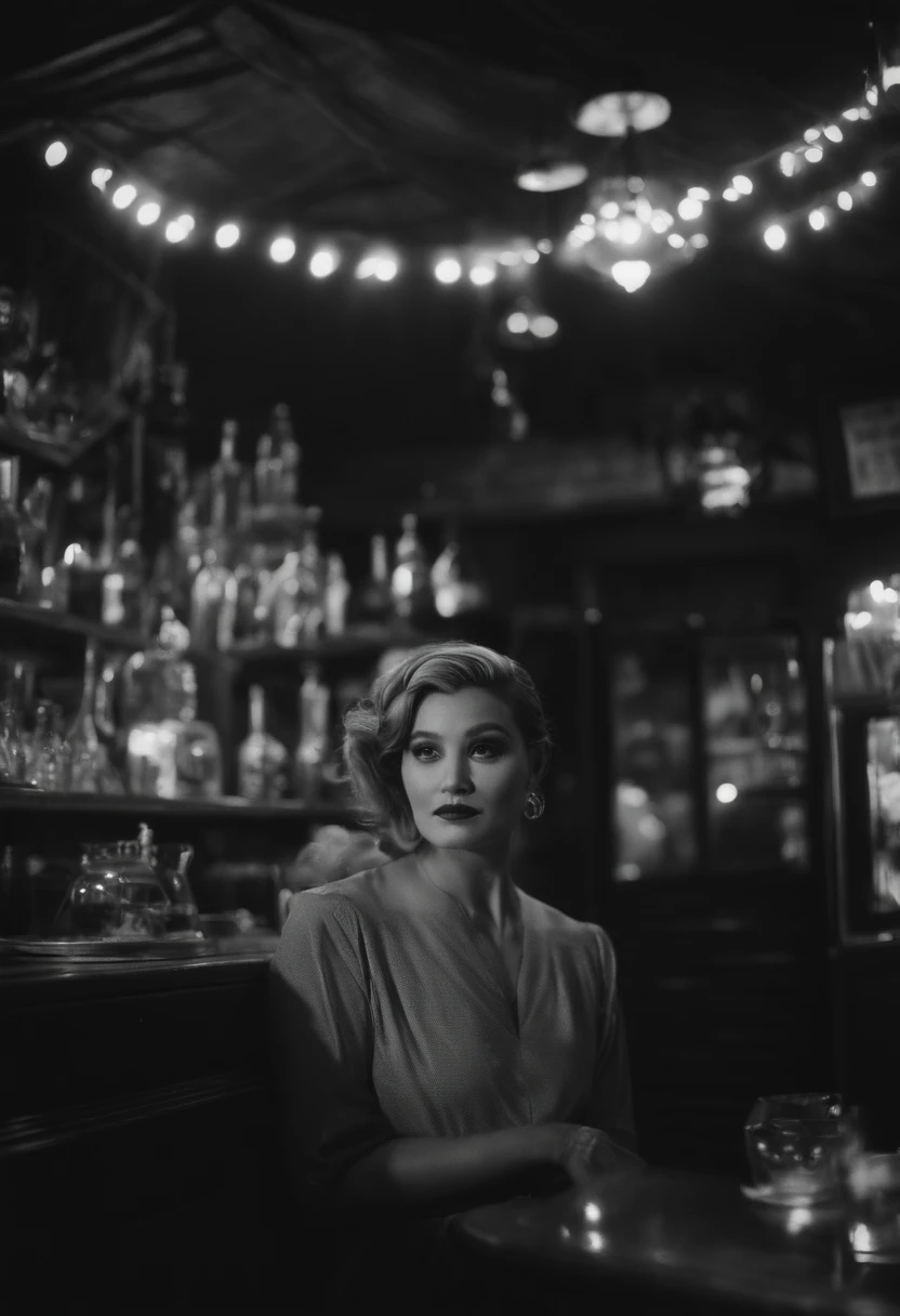 Uma imagem de um investigador dos anos 20, adornado com um traje glamoroso de detetive estilo melindrosa, investigando um bar da era do jazz. The scene exudes the charm and allure of the 1920s, com jazz sensual tocando ao fundo e uma pitada de intriga no ar.