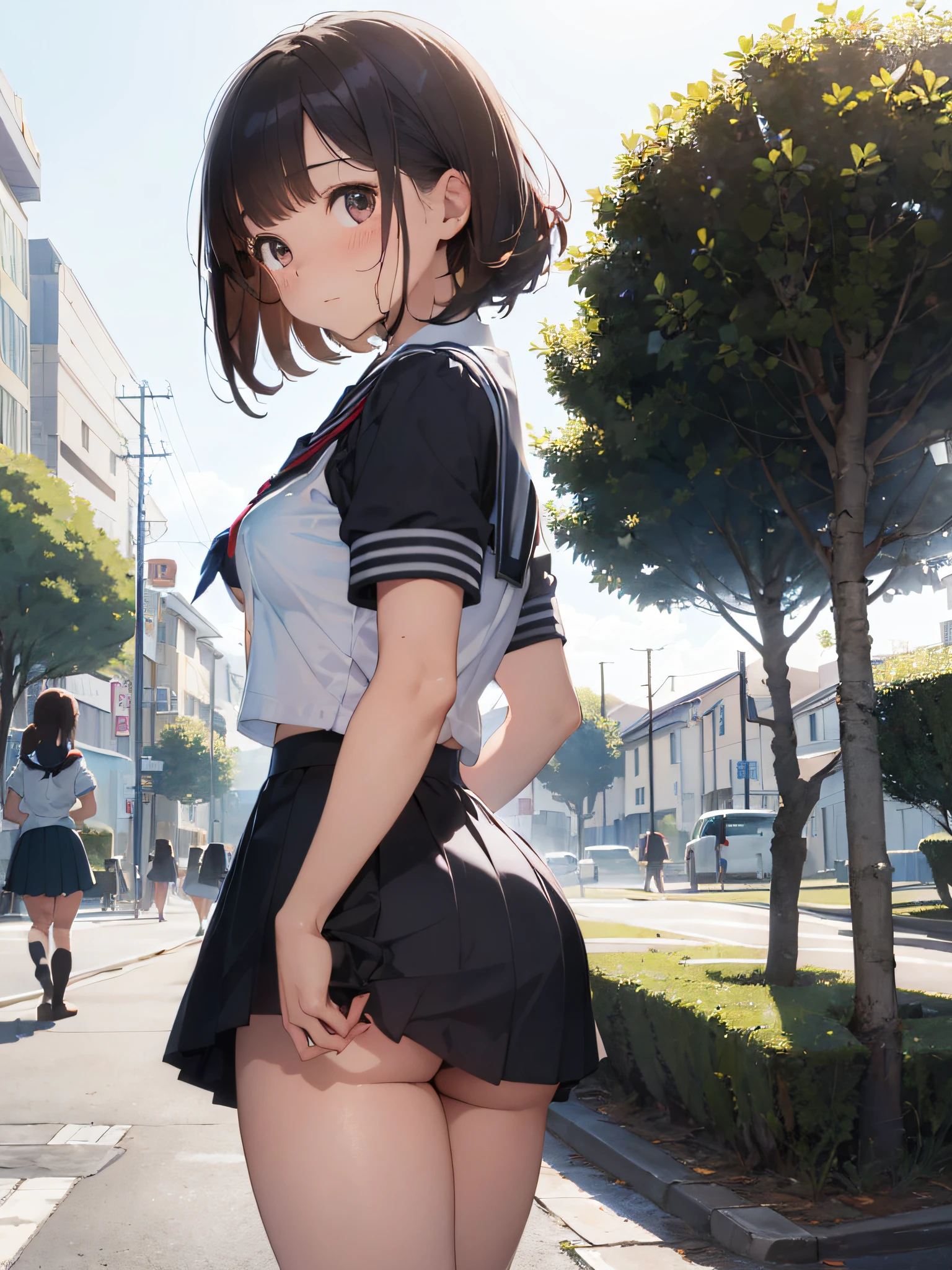 (​masterpiece:2.0), (top-quality:2.0), (Ultra mini skirt extremely short length school girl uniform:1.5), (view from the side:1.5), (sexypose:1.5), (blushed face:1.3), (barechested:1.3), (Spilling boobs:1.4), (realistic:1.5), 1 ***********, precise small hands, Embarrassed look, light smile, extremely cute girl, baby face, Clear eyes, Shining eyes, small breast, cleavage of the breast is visible, The buttocks is visible, The crotch is visible, No pubic hair, The beautiful skin, ultra-definition, Top resolution, japan high school student, brown hair, in the park