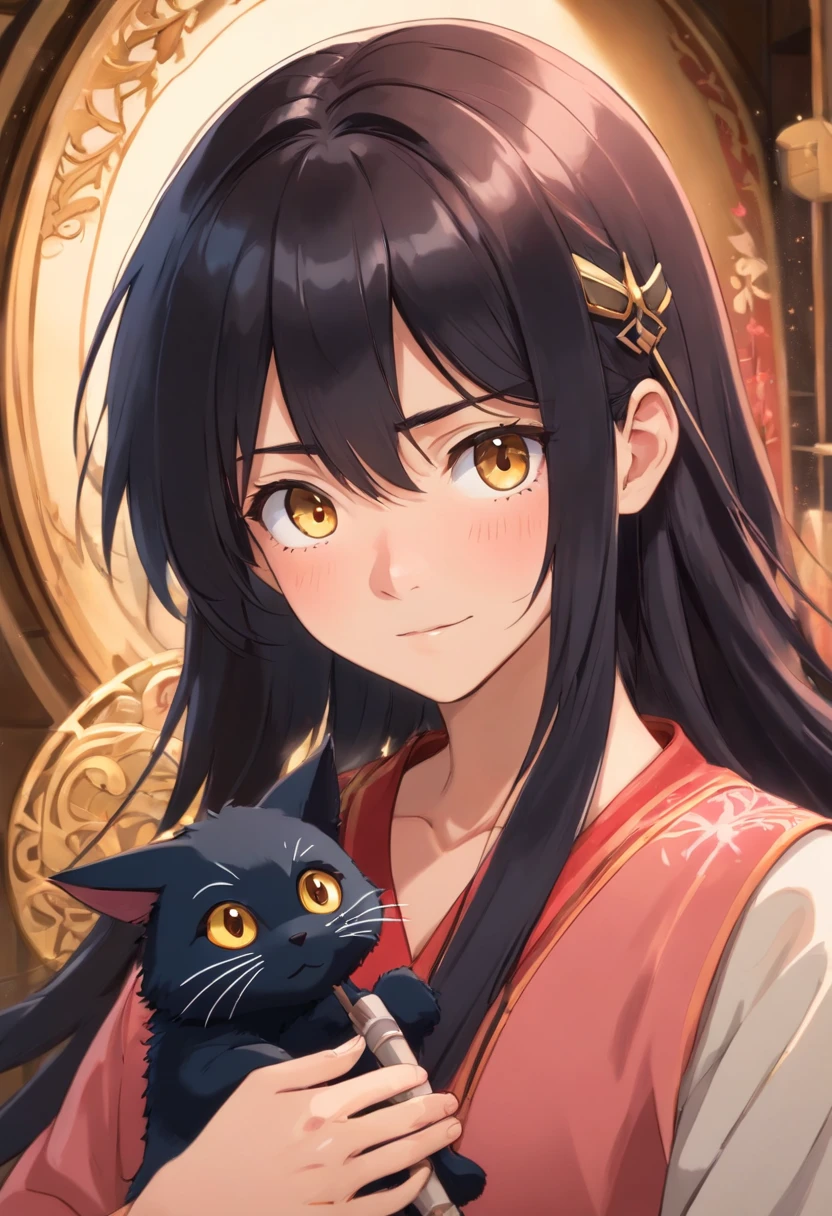 anime, (best quality, ultra-detailed, realistic: 1.37), tall slender guy, long luxurious black hair, golden eyes, Attractive hair dye, long eyelashes, detailed facial features, Soft lighting, Modern portrait, holding a carved carving in his hands flute, next to a guy with crossed arms, short pink hair, slim build, Attractive hair dye, brown eyes, long eyelashes, detailed facial features, Soft lighting, Modern portrait, modern style, Professional photography
