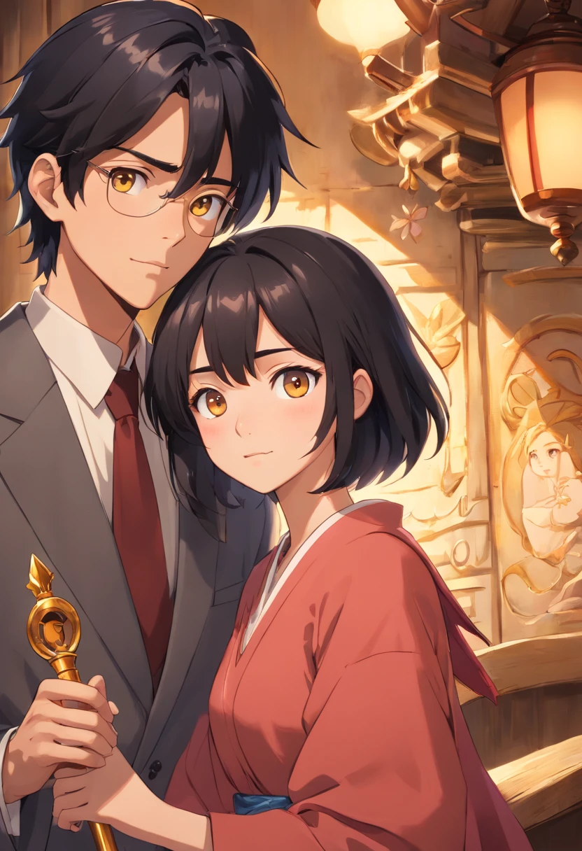 anime, (best quality, ultra-detailed, realistic: 1.37), tall slender guy, long luxurious black hair, golden eyes, Attractive hair dye, long eyelashes, detailed facial features, Soft lighting, Modern portrait, holding a carved carving in his hands flute, next to a guy with crossed arms, short pink hair, slim build, Attractive hair dye, brown eyes, long eyelashes, detailed facial features, Soft lighting, Modern portrait, modern style, Professional photography