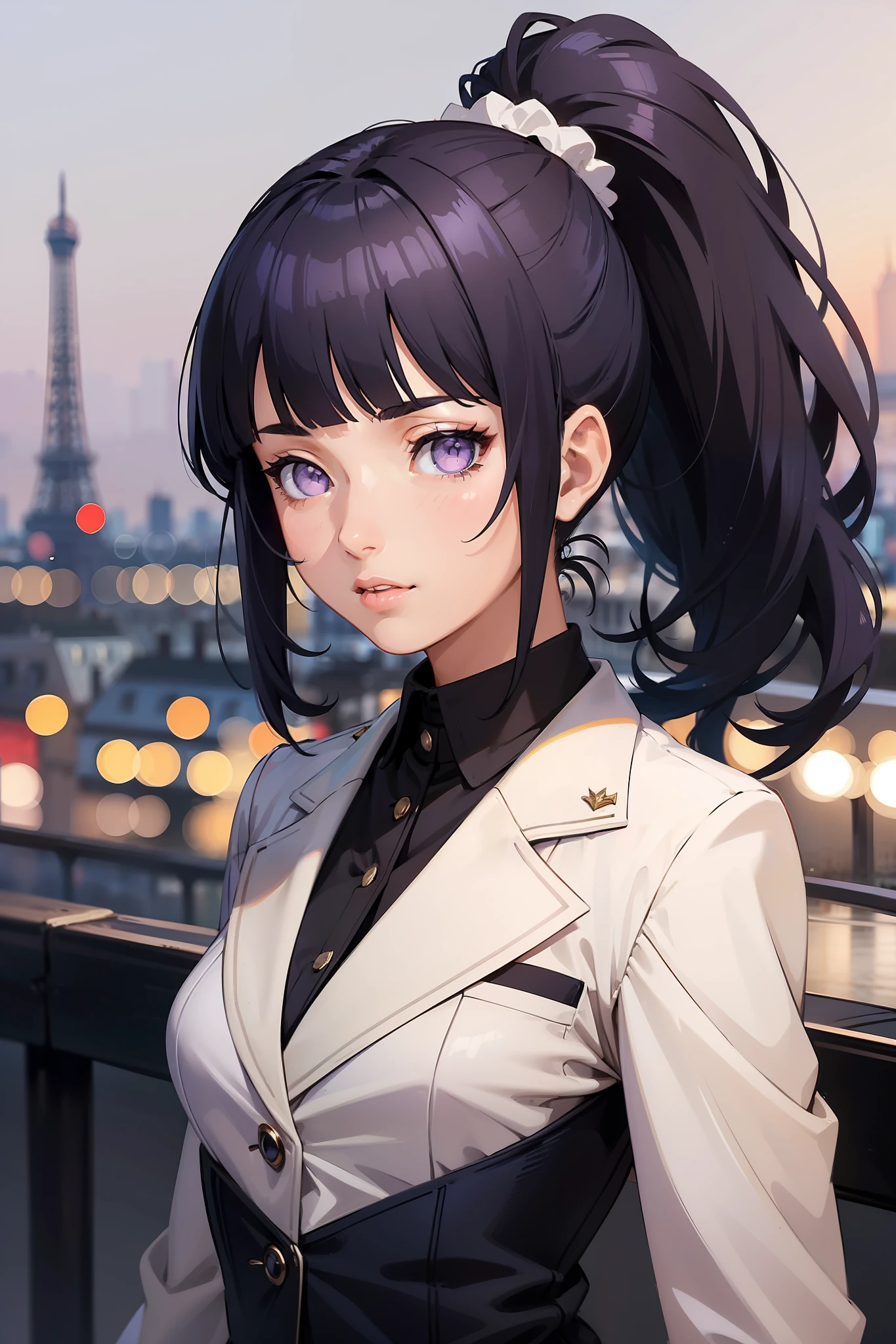 (((Masterpiece))), a top influencer woman, top quality, super detailed, cute and playful, classic blazer dress, long curly dark blue hair in high ponytail, blunt bangs, purple eyes, Paris city background