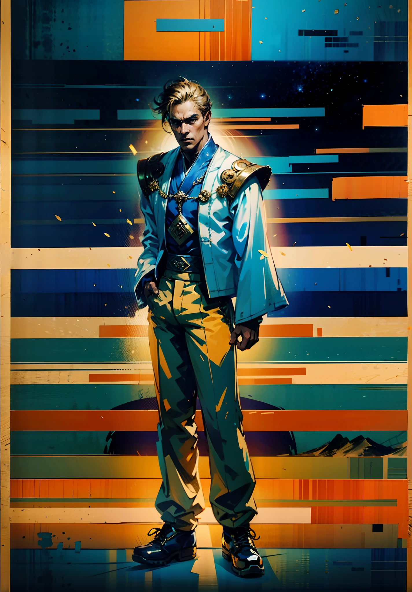 A man with short golden hair, hair standing straight up, a long tuft of bangs, thick eyebrows, a melancholic gaze, a square-shaped face, wears a Chinese-style wide-sleeved undershirt, over which he layers an open-front Dao robe, a color scheme of green and blue and yellow and white, he wears plain trousers and coarse cloth shoes, against the backdrop of a star-studded night sky, this character embodies a finely crafted fantasy-style Chinese martial artist character in anime style, characterized by an exquisite and mature manga illustration art style, full body character drawing, high definition, best quality, highres, ultra-detailed, ultra-fine painting, extremely delicate, professional, anatomically correct, symmetrical face, extremely detailed eyes and face, high quality eyes, creativity, RAW photo, UHD, 8k, Natural light, cinematic lighting, masterpiece:1.5
