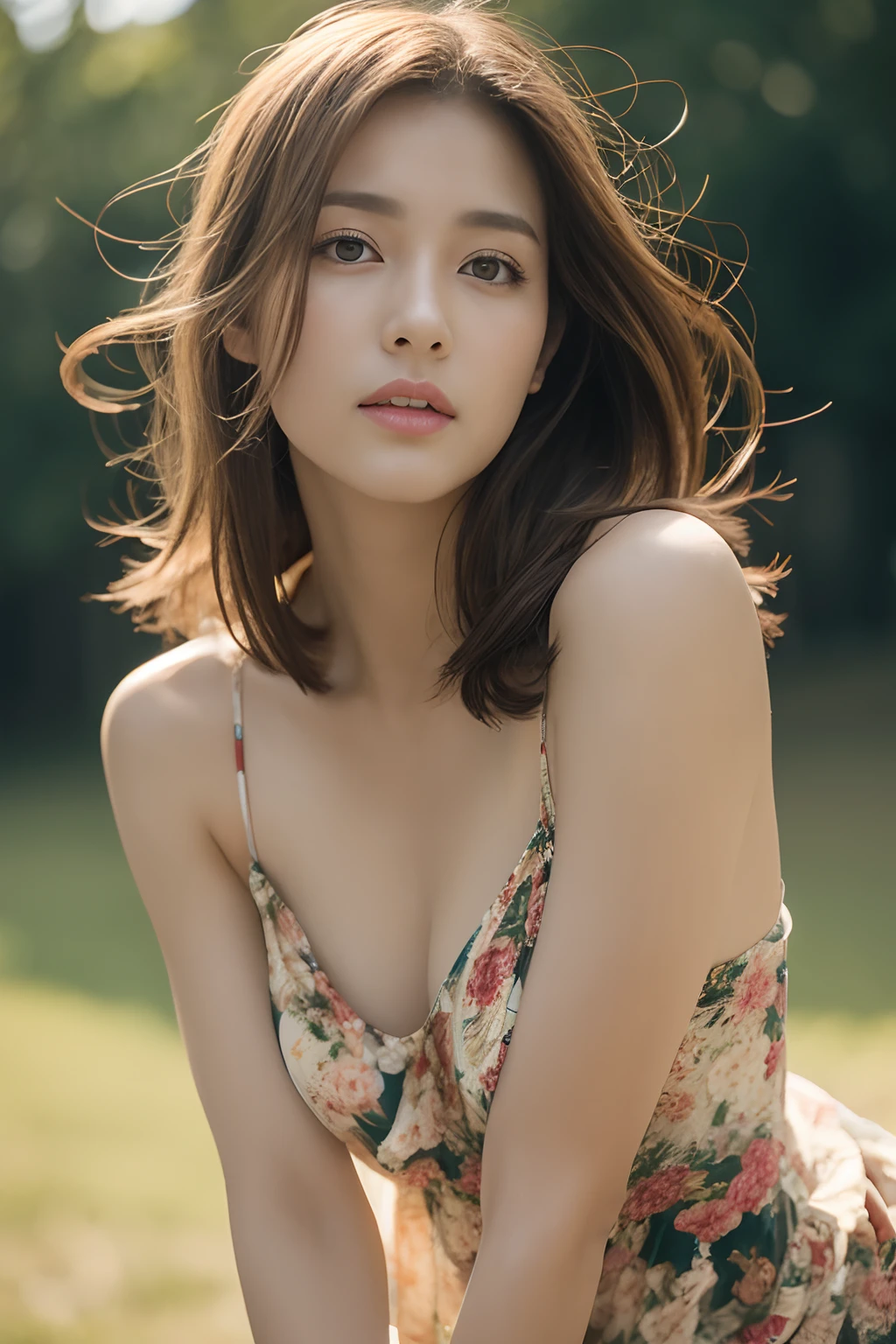 masuter piece, top-quality, masterpiece, hight resolution, Photorealsitic, Raw photography, 8k wallpaper, flawless, profetional lighting, ighly detailed, depth of fields, ((One beautiful woman)), 30-years old, Female sexy, ((Big floral dress)), The upper part of the body, ((Look at viewers)), Detailed face, beautidful eyes, (Facing the body forward), (kneeking), bangss, small breasts of good shape, Light Brown Straight Hair, Faint lips, Cowboy Shot, (arms between legs)