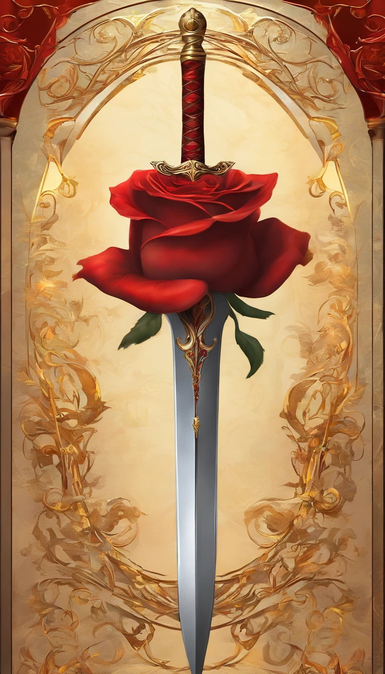 a rapier sword with roses and ancient filigree, red and gold color scheme, intricate detail, 32k resolution, best quality, masterpiece, approaching perfection, professional art, official art