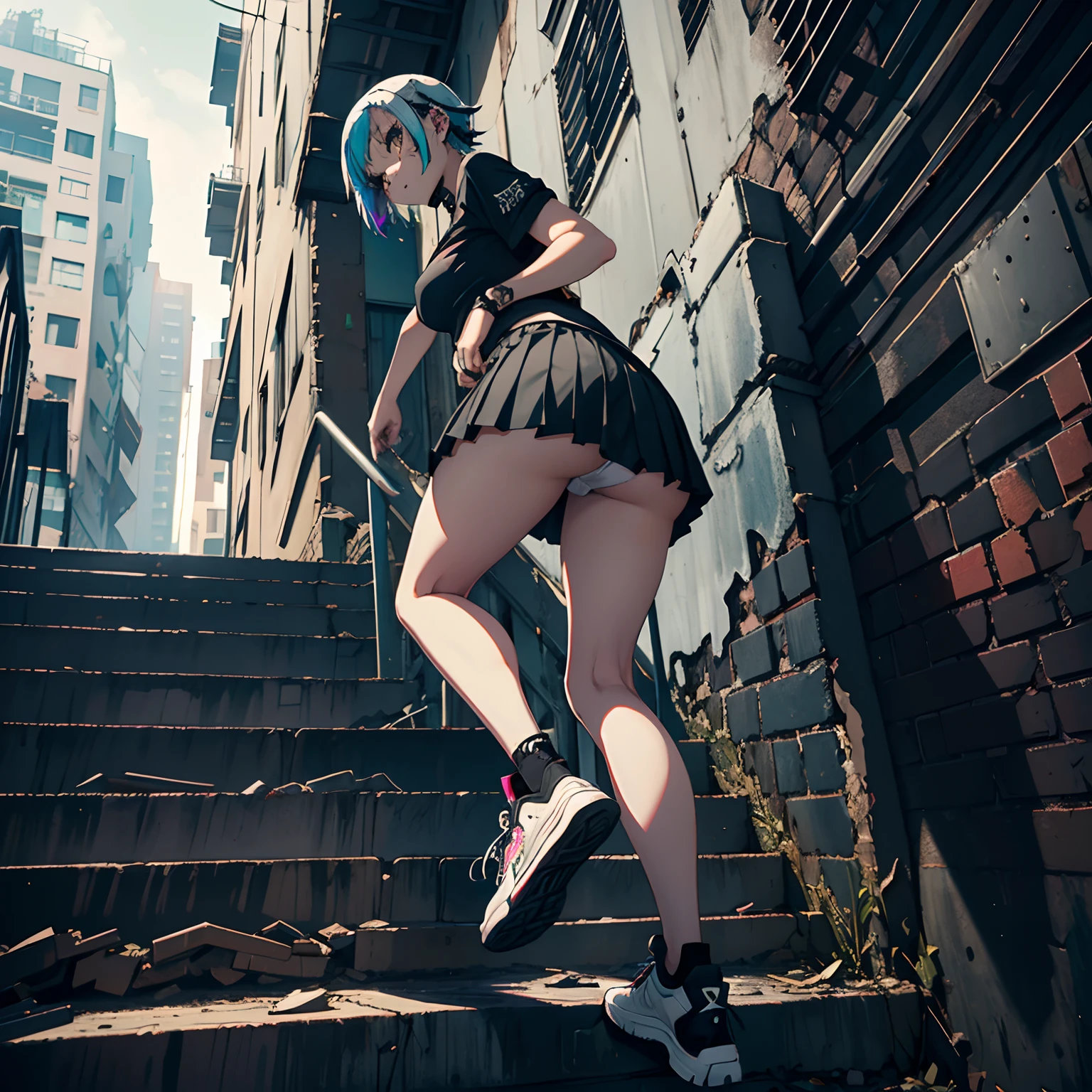 Abandoned building, cute goth/punk girl climbing stairs, short pleated skirt, upskirt, sneakers, (white panties:1.2), choker, ((multicolored hair)),