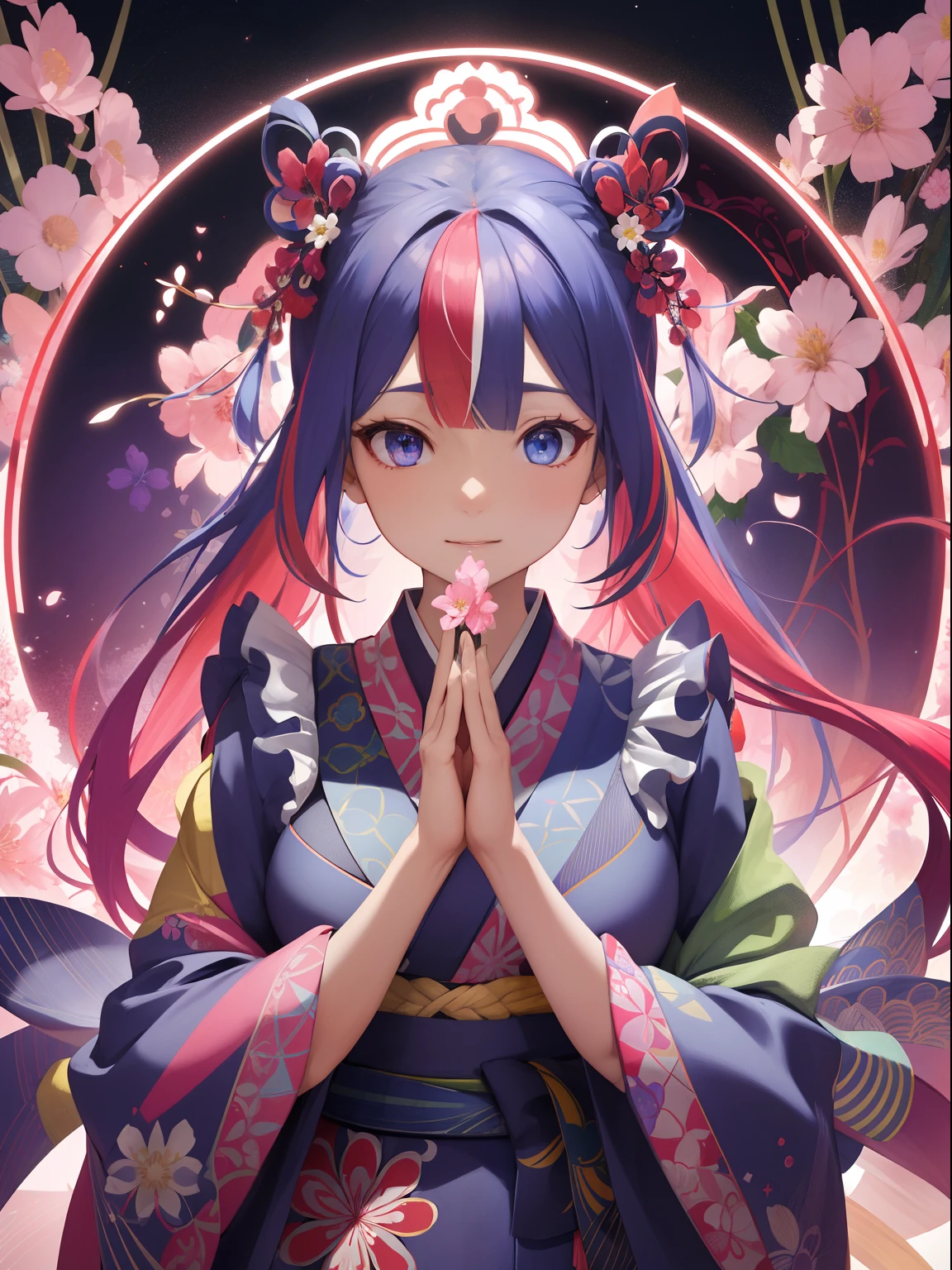 (absurderes、hight resolution、ultra-detailliert)、1girl in、Beautiful woman、Pink twin-tailed hair、length hair、Blue eyes、Red kimono、finely eye and detailed face、the Extremely Detailed CG Unity 8K Wallpapers、intricate-detail、BREAK、kaleidoscopic imagery、Symmetrical pattern、vivd colour、Geometric shapes、mesmerizing designs、optical illusion、Dynamic Composition Breaker、pantomime art、expressive body language、Quiet storytelling、evocative gestures、 visual narratives、Play Break Ha、blooming flowers、Multicolored petals、fragrant scents、nature's bounty、vibrant gardens、Tranquil landscape