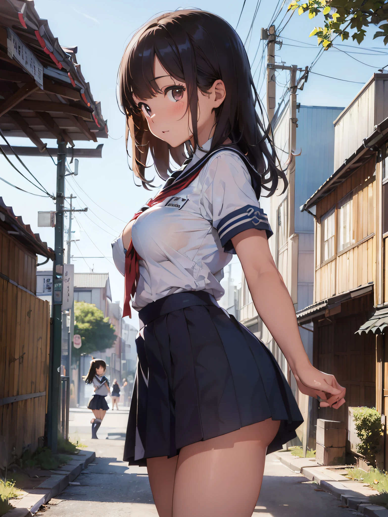 (​masterpiece:2.0), (top-quality:2.0), (Ultra mini skirt extremely short length school girl uniform:1.5), (view from the side:1.5), (sexypose:1.5), (blushed face:1.3), (barechested:1.3), (Spilling boobs:1.4), (realistic:1.5), 1 , precise small hands, Embarrassed look, light smile, extremely cute girl, s, Shining eyes, small breast, cleavage of the breast is visible, The buttocks is visible, The crotch is visible, No pubic hair, The beautiful skin, ultra-definition, Top resolution, japan high school student, brown hair, in the park